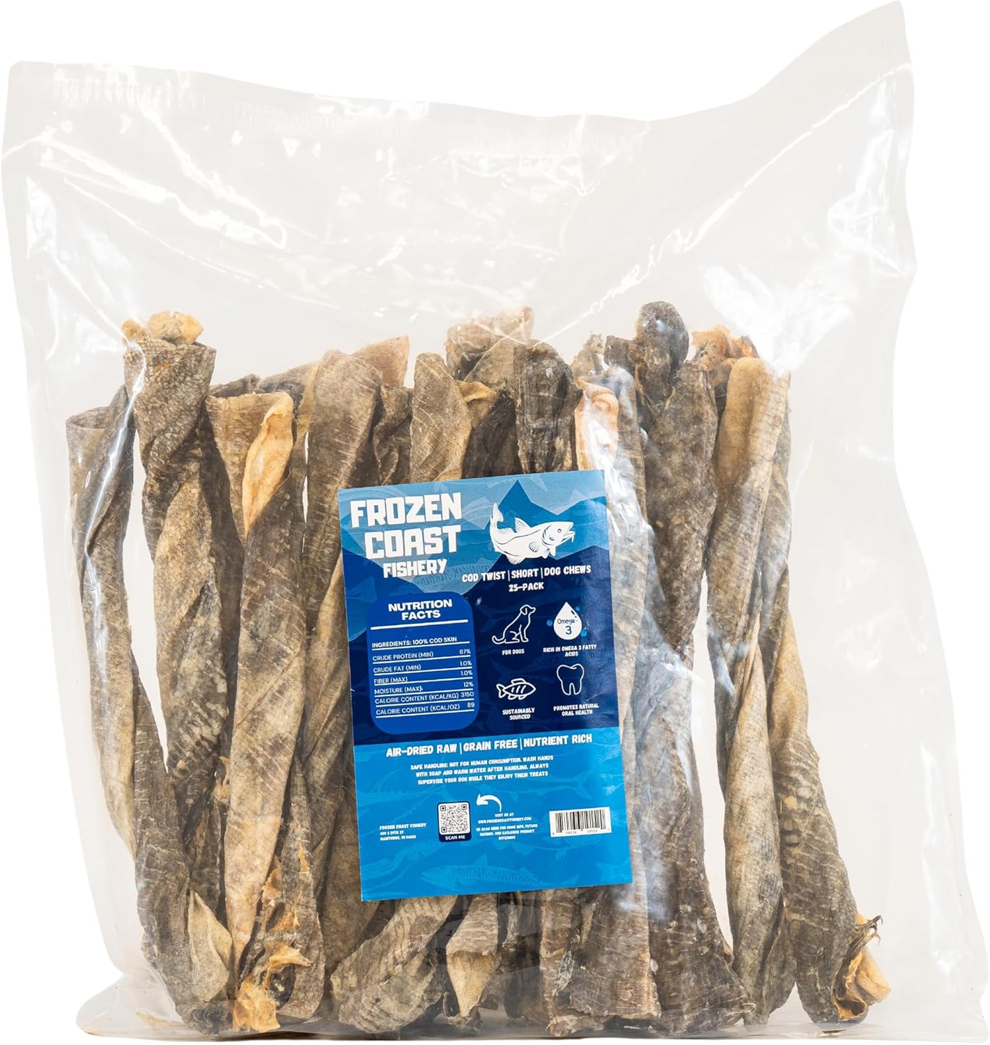 Frozen Coast Cod Twist Short Dog Chews, Wild-Caught, All-Natural, High-Protein, Grain-Free (25-Chews)