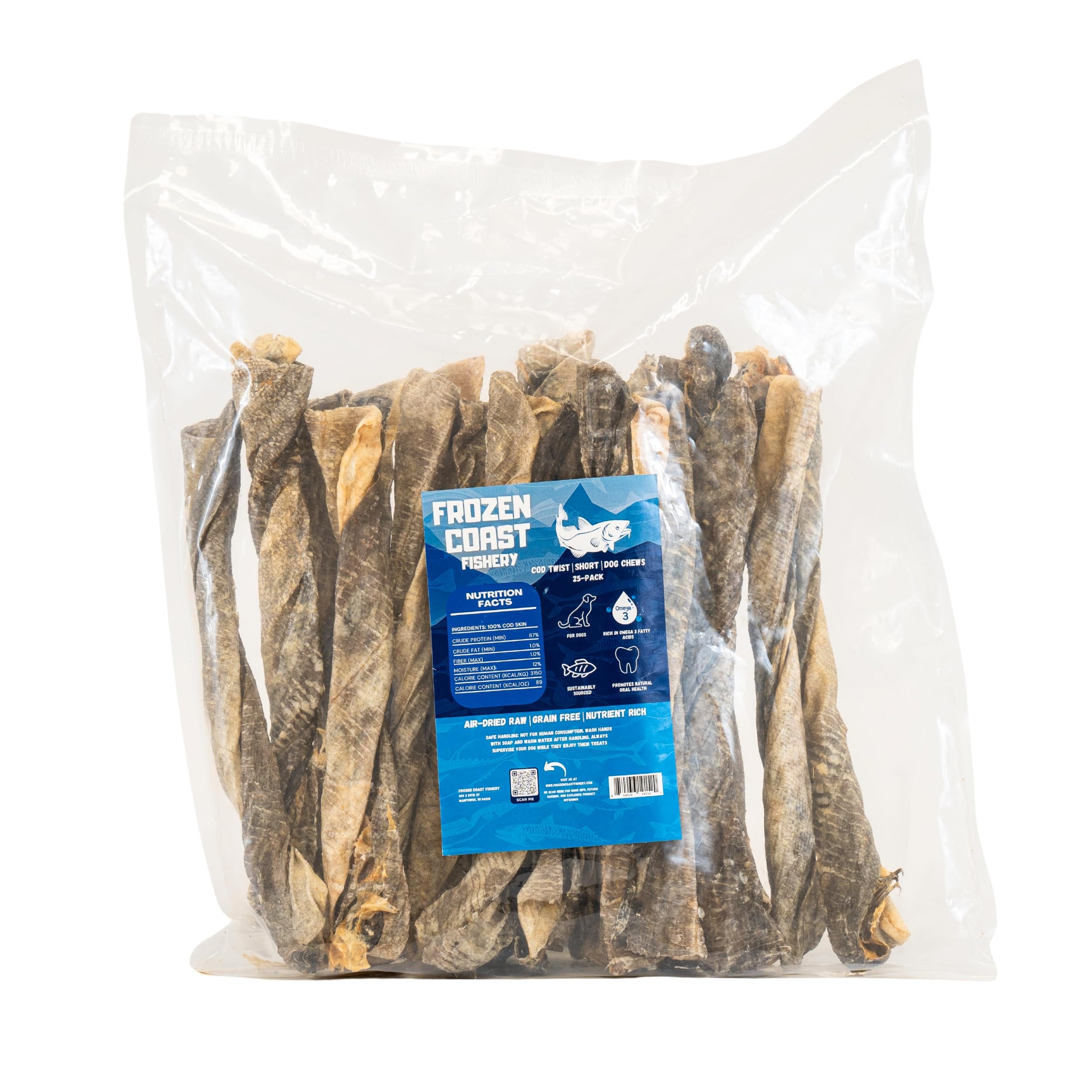 Frozen Coast Cod Twist Short Dog Chews, Wild-Caught, All-Natural, High-Protein, Grain-Free (25-Chews)