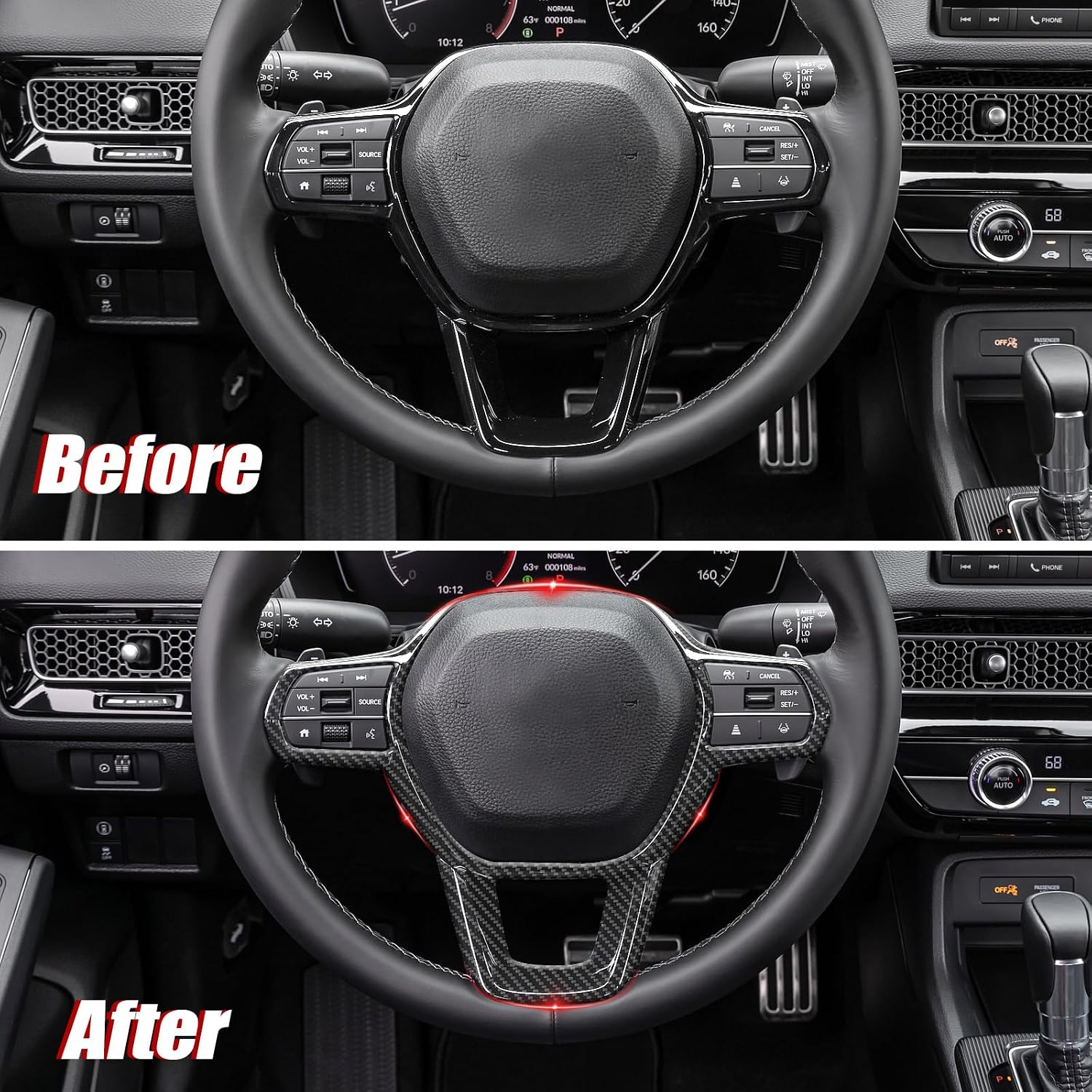 14PCS Interior Trim Set for 11th Gen Honda Civic 2022-2026, Carbon Fiber Style | Sporty cabin upgrade – air vents, door bowls, window switches & steering wheel cover for 11th Gen Civic