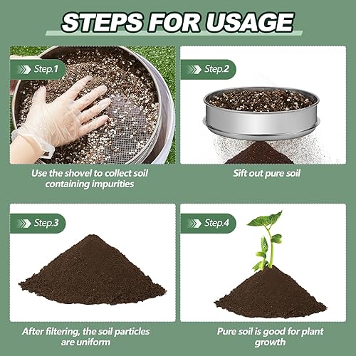 Miniatura 4 de Hushee Tamiz de suelo con pala, bandeja de tamiz de 10 pulgadas, tamiz de compost inoxidable, tamiz de jardín, tamiz de arena para suciedad, rocas,