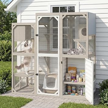 Ketive Catio Outdoor Cat Enclosure Large Walk-in Cat House with Storage Cabinet, Multi-Level Platforms with 2 Cat Trees, Roll-Up Roof for Multiple Cats, Backyard Patio Garden