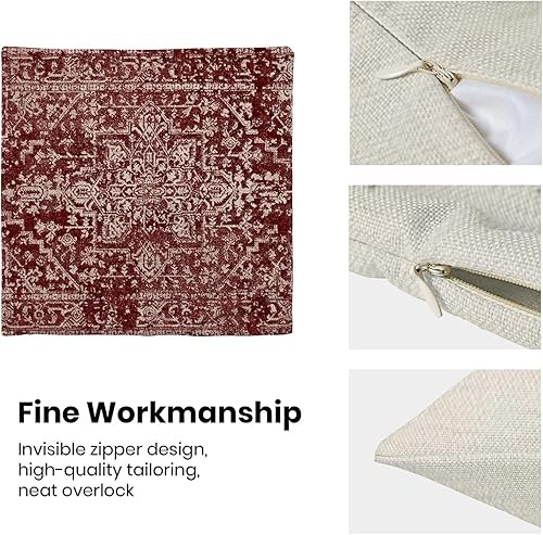 Miniatura 5 de Juego de 2 fundas de almohada bohemias de 20 x 20 pulgadas, patrón de alfombra roja Burgandy, fundas decorativas de lino con diseño étnico bohemio