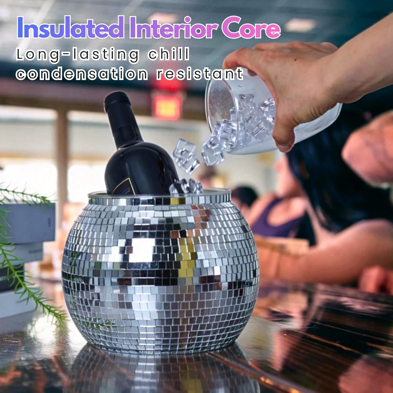 Disco Ball Ice Bucket 8.8Inch - Mirror Silver Disco Ball Decor Beverage Chiller for Cocktail Bar, Party Supplies, Wine, Beer, Champagne Cooler - Disco Party Decorations & Retro Bar Accessories