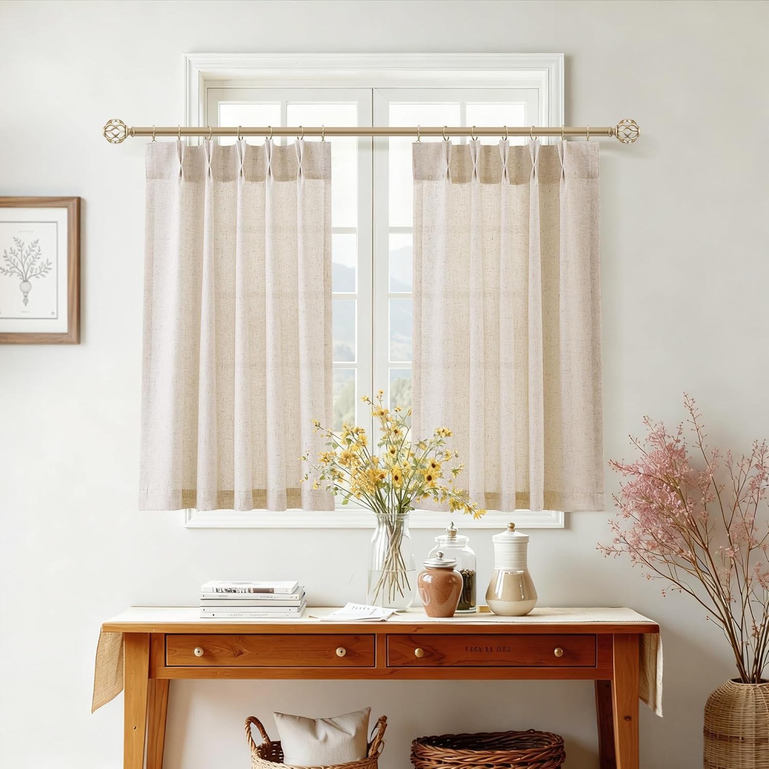 Aersas Short Natural Pinch Pleated Linen Kitchen Curtains 36 Inch Length 2 Panels Set Farmhouse Cafe Light Filtering Small Half Window Drapes for Bathroom Laundry Room RV 26x36