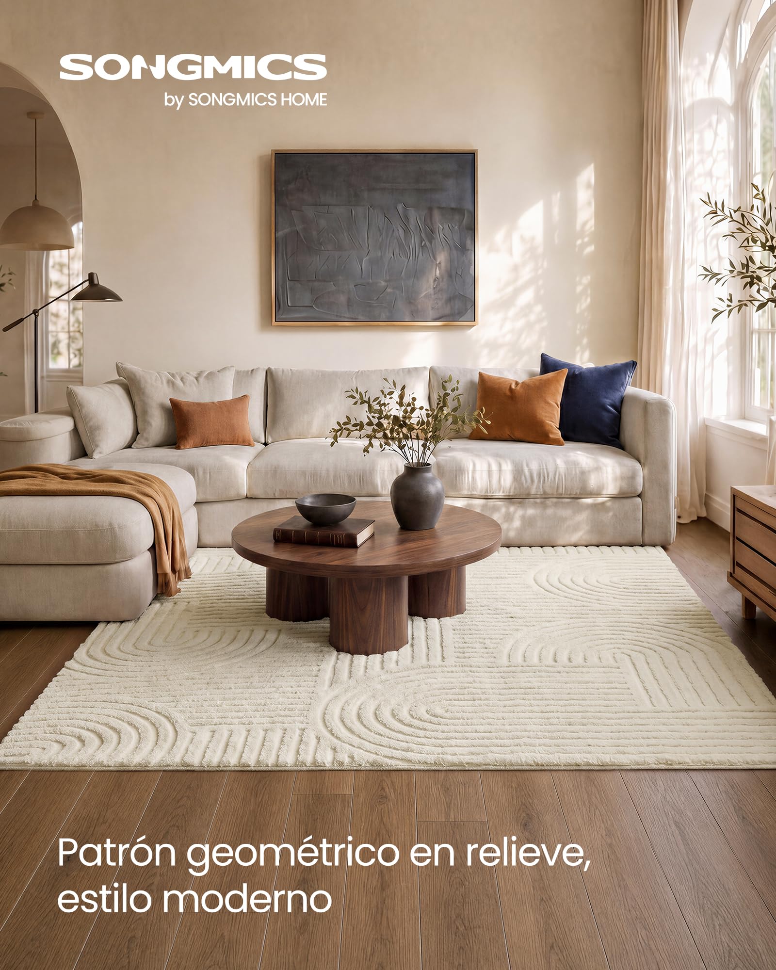 SONGMICS Alfombra con Diseño Geométrico 3D, Pelo Alto y Bajo, Base Antideslizante, Lavable a Máquina, 230 x 160 x 1 cm, Blanco, para Salón y Dormitorio, Colección Hila TAR134WZ02