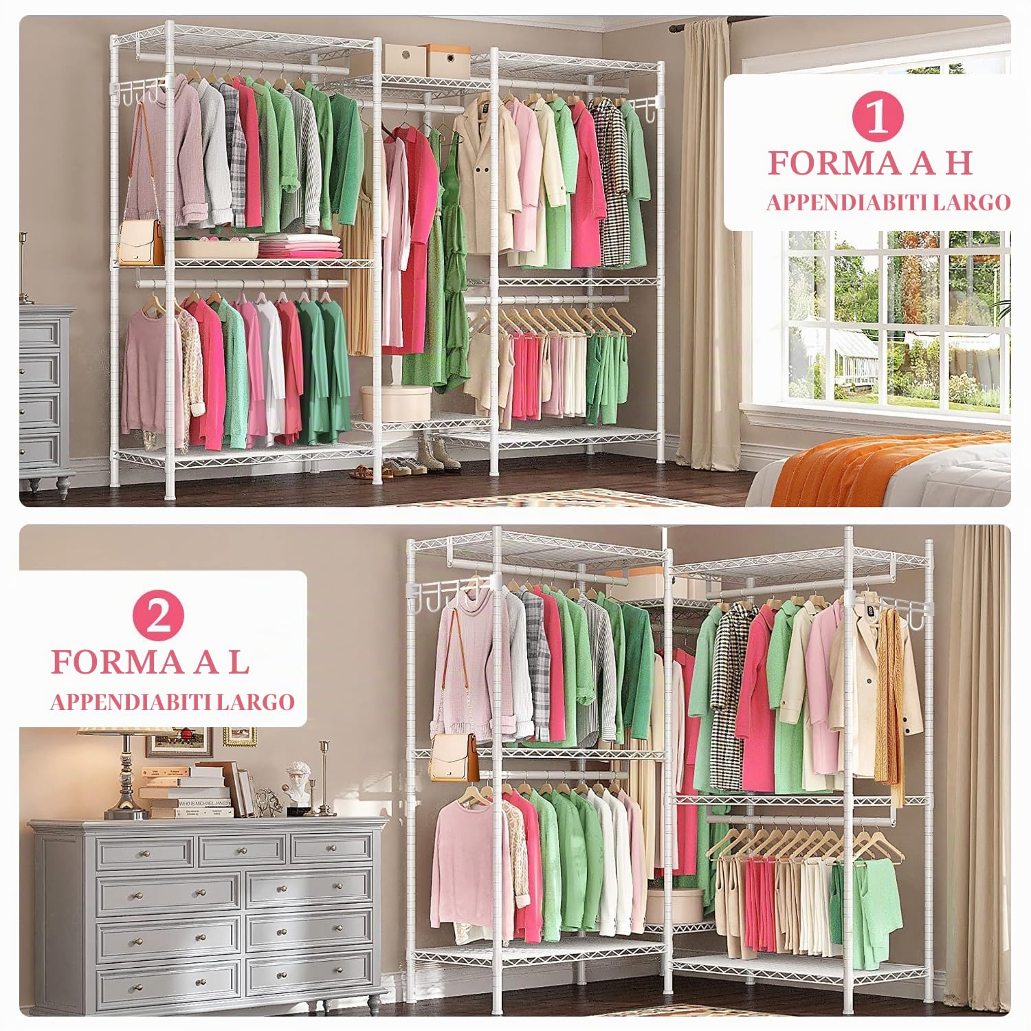 Stand Appendiabiti in Metallo，Armadio, Guardaroba, Appendiabiti, Stand Appendiabiti regolabile e Multifunzionale con Ruote Aste, Ripiani Portaoggetti,Nero (Bianco, 187 * 44 * 194cm)