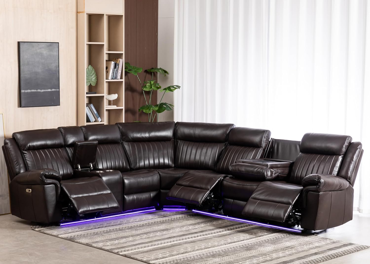 INSTORY Power Reclining Sectional Sofa Set, L-Shaped Faux Leather Couch with LED Lights, Cup Holders, Speakers USB Port, Storage Box, Drop-Down Table Brown
