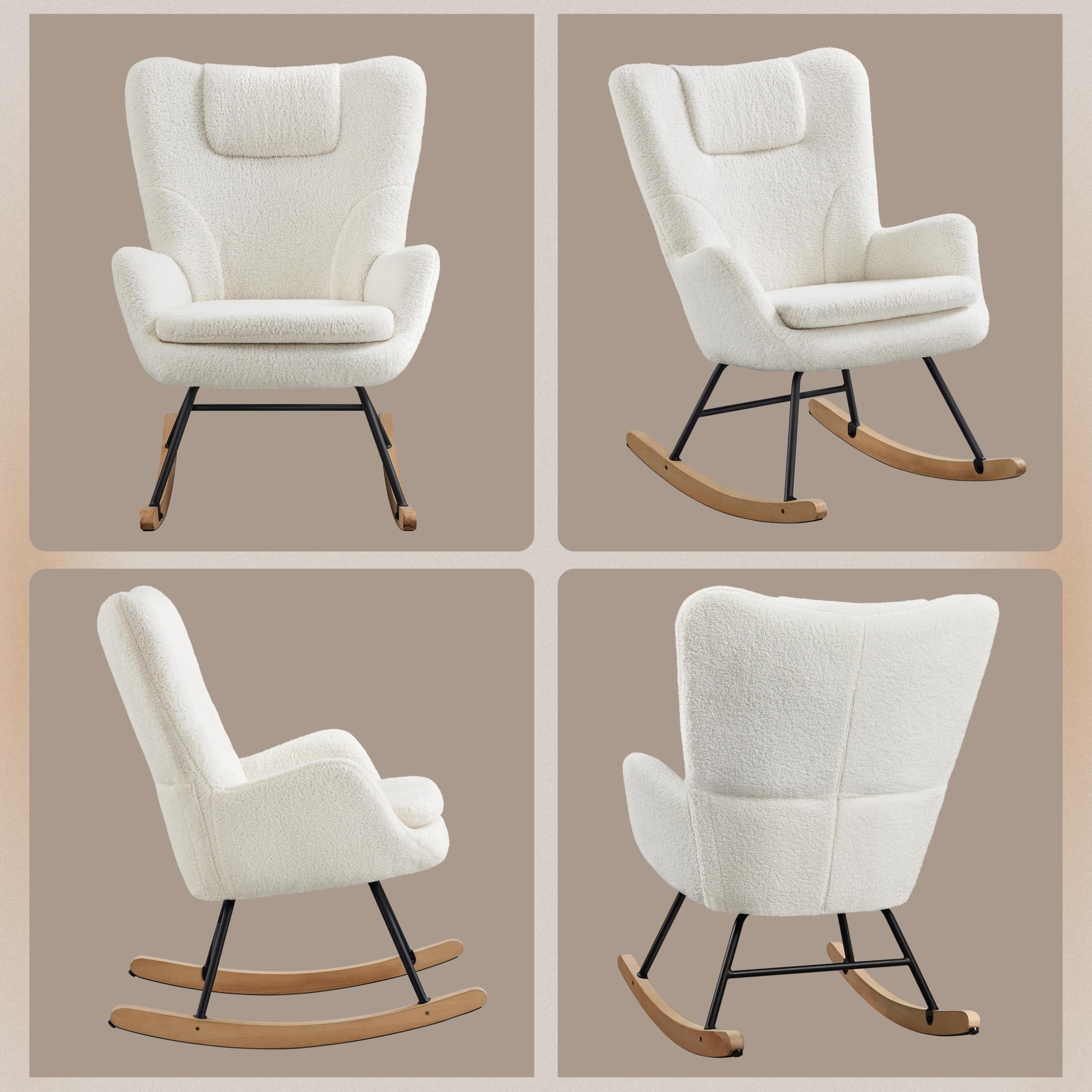 Yaheetech Fauteuil à Bascule Scandinave en Tissu Bouclé Rocking Chair à Haut Dossier Fauteuil Allaitement avec Pieds en Bois Massif Chaise d'appoint pour Salon Chambre Appartement Ivoire/1