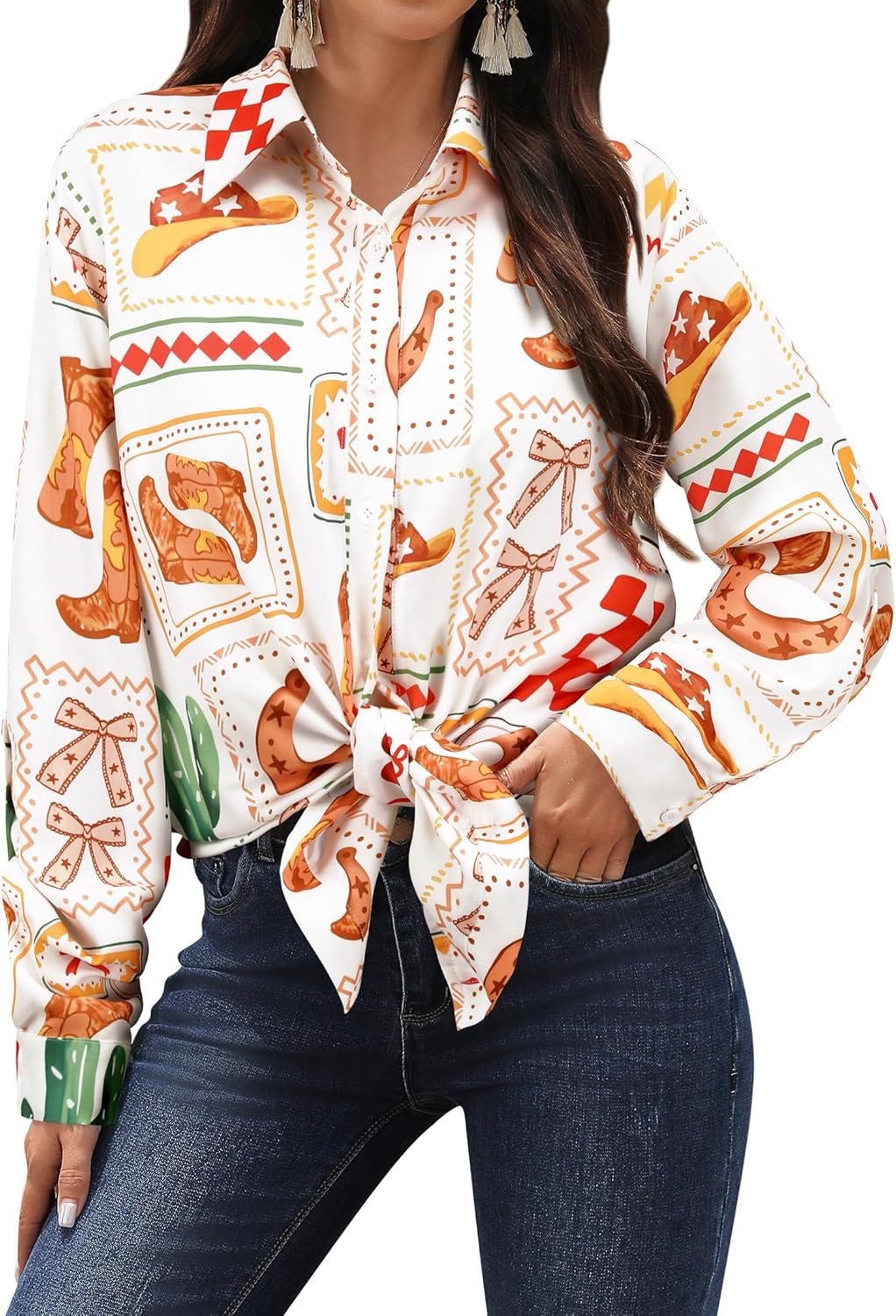 MYMORE ❷⓿❷❻ Women's Western Cowgirl Graphic Button Down Shirt Long Rolled 3/4 Sleeve Floral Print Cowboy Shirts