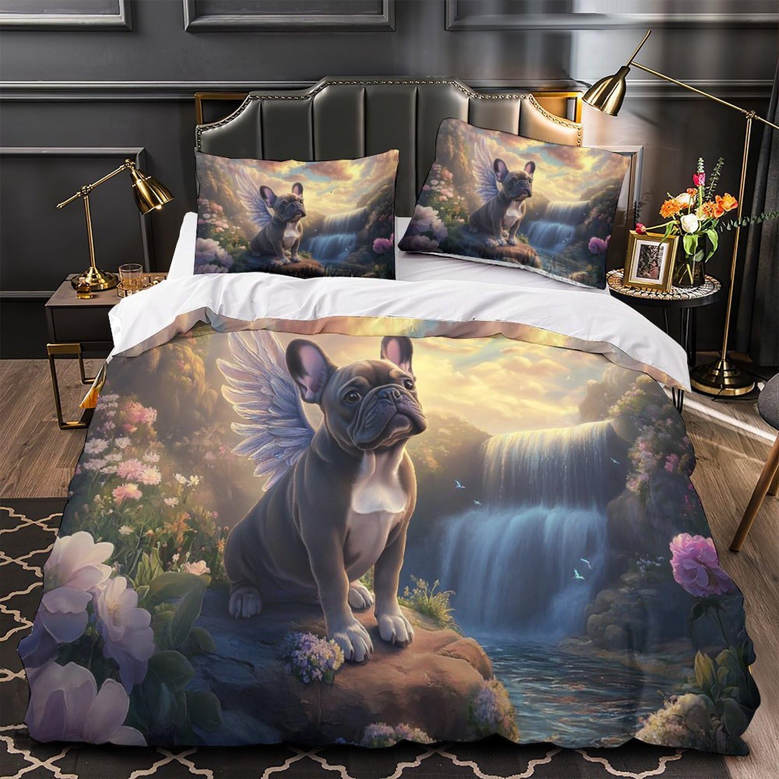 Housse de couette chien ange 3D en microfibre 260x220cm avec 2 taies d'oreiller