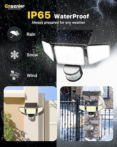 Miniatura 7 de Ensenior Luces solares de movimiento para exteriores, 228 luces LED de seguridad solares con control remoto, IP65 impermeable 3 cabezales con 4