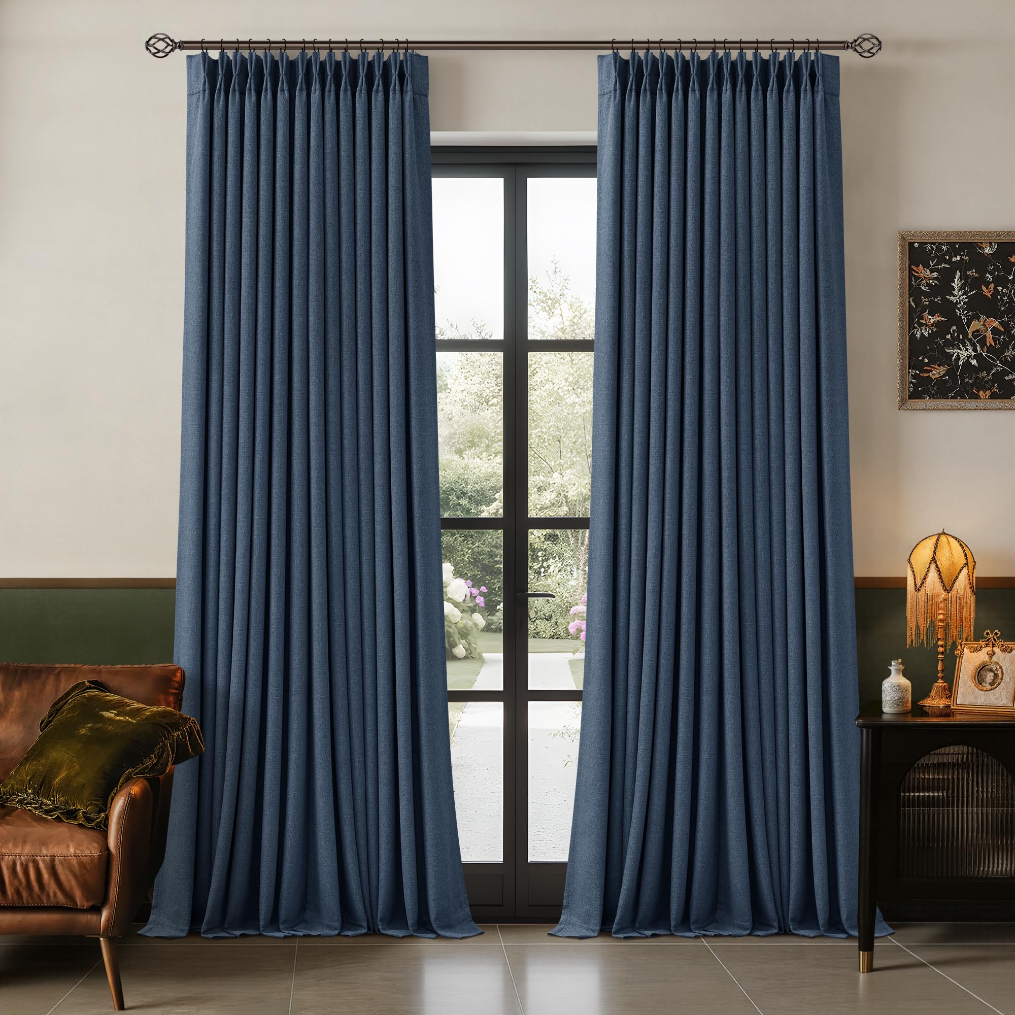 105 Inch Pinch Pleated Blackout Memory Trained Linen Curtains with Liner