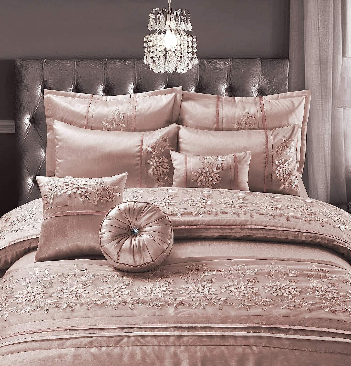 London Dream Cassandra Embroidery Bedding Collection, 100% Polyester Silky Duvet Cover Set with 2 Pillowcases (King 230 x 220 cm, Coral Pink)