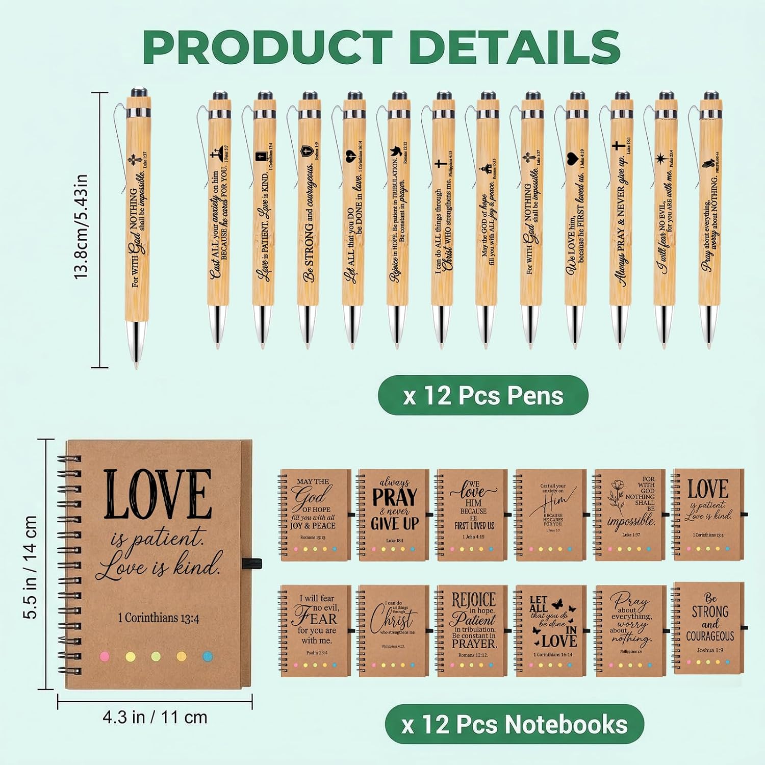 60 Pcs Christian Encouragement Gifts Bulk, 16 oz Glass Mason Jar Cups with Bamboo Lids and Straws, Bible Verse A6 Spiral Notebooks and Inspirational Pens, Faith Gift Set for Church Group Women Men