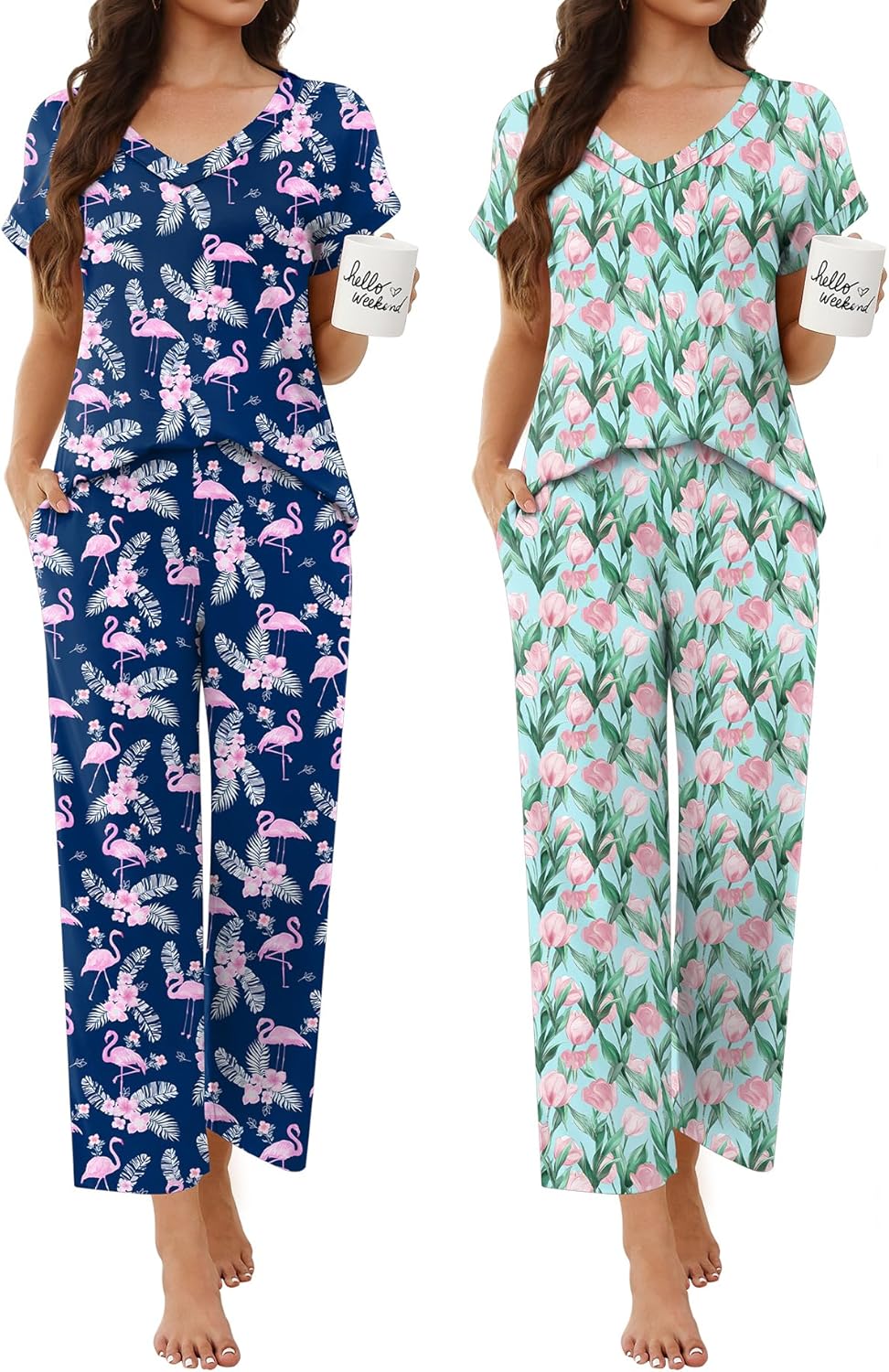 Ekouaer 2 Pack Pajamas for Women Short Sleeve V Neck Pj 2 Piece Lounge Sets S-XXL