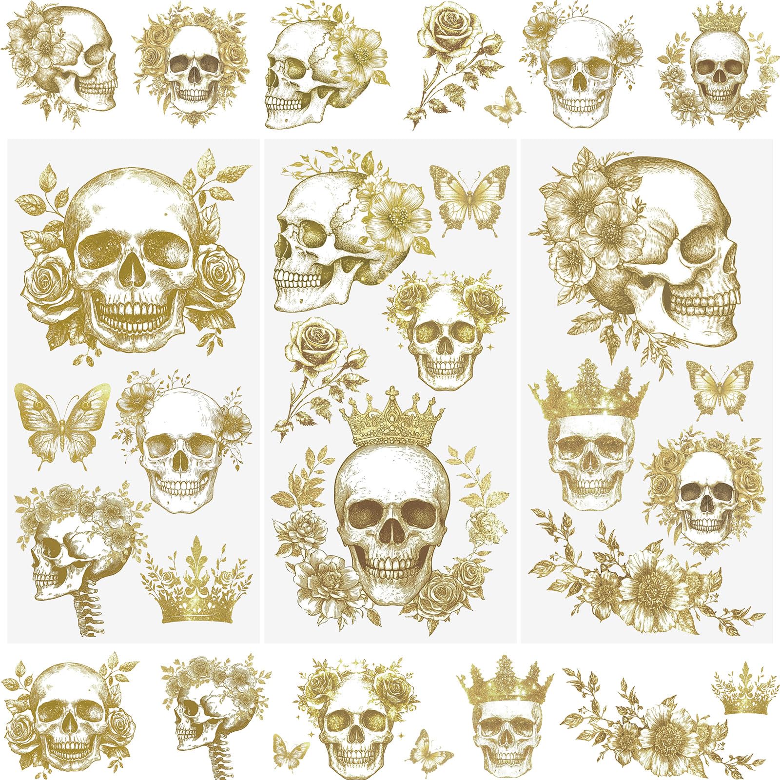 WANDIC 3 Sheets Rub on Transfers Stickers, Skeleton Flowers Pattern Waterproof Decals Furniture Decorative for DIY Postcard Scrapbooking,15 * 30cm