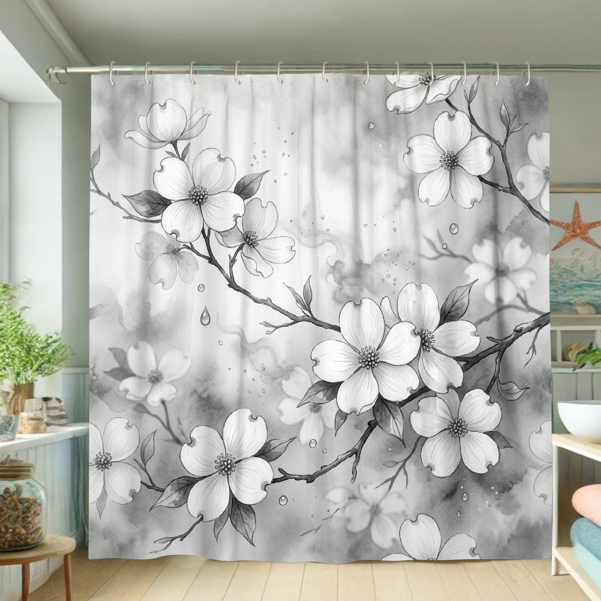 Rideau de douche blanc 183 x 183 cm avec motif feuilles et branches pour baignoire