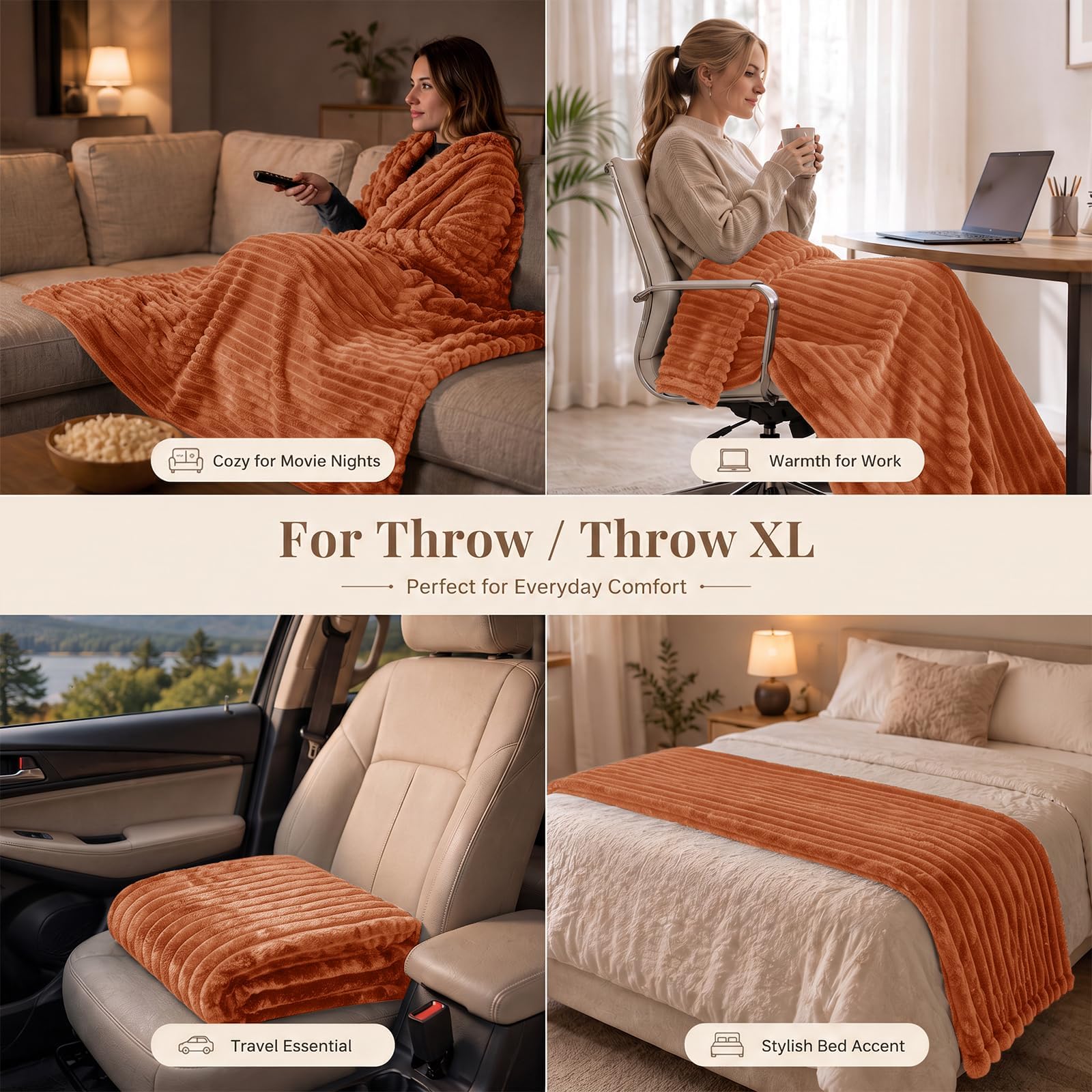 HIMEET Burnt Orange Throw Blanket for Couch, 300GSM Ribbed, 50 x 60 Inches view 4