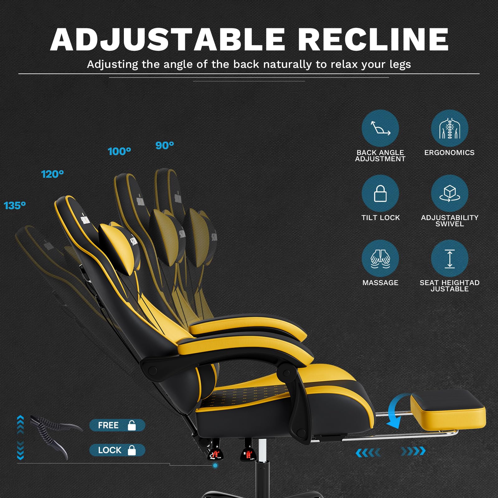 SUKIDA Gaming Stuhl, Ergonomischer Gaming-Stuhl mit Fußstütze, Racing Gamer Chair 90-135° Rückenlehne einstellbar, Computerstuhl Höhenverstellbar Lendenwirbelstütze, Blackyellow