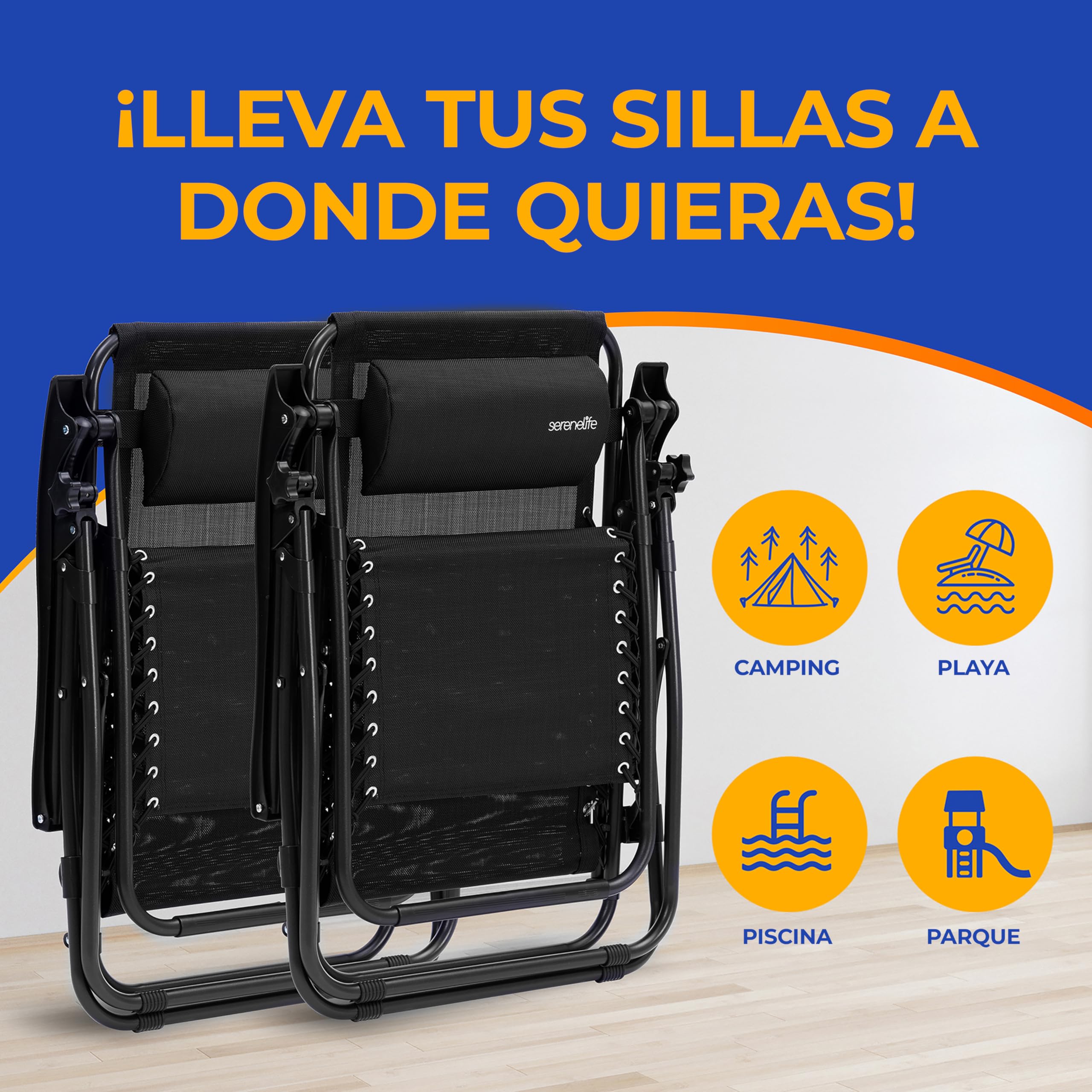 SereneLife sillas reclinables de Exterior, Set de 2, Tumbonas de Malla de Acero, con Almohada Desmontable, Portavasos, Plegables, Ajustables, Portatiles, Zero Gravity, Camping, Patio, Piscina o Playa