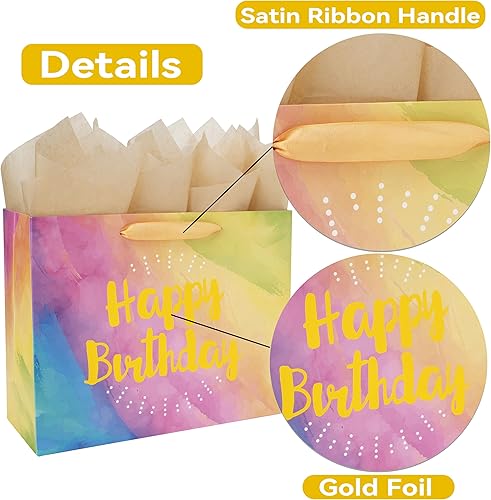 Miniatura 4 de wishinside Juego de bolsa de regalo de acuarela amarilla grande de 13 pulgadas, tarjeta de felicitación y papel de seda (lámina dorada, feliz