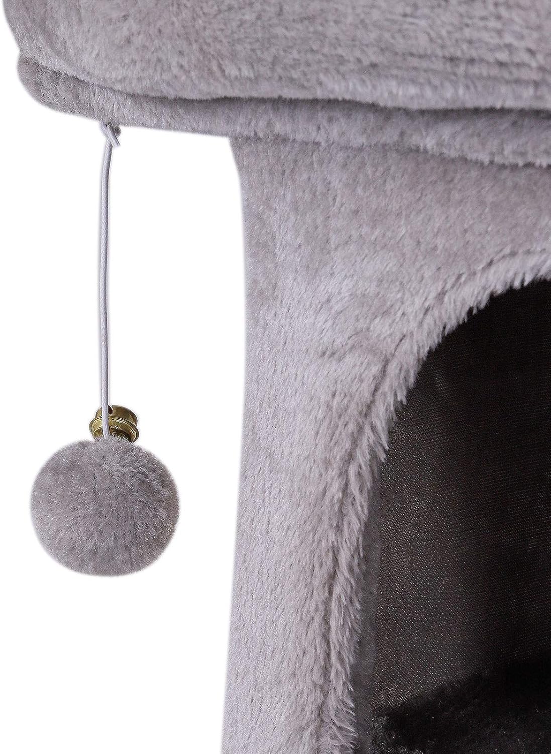 Front view of the lionto Cat Tree Model KB00330, showing the entrance to the cave, the top bed, and two dangling plush balls.