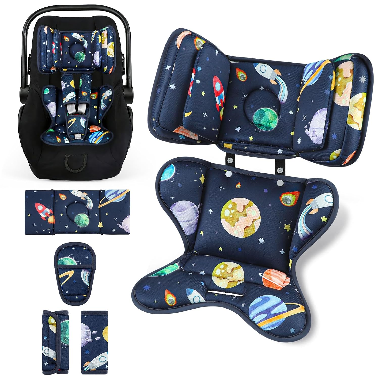 Infant Car Seat Insert with 2 Detachable Headrests, Newborn Car Seat Head Support with 3 Shoulder Covers Set, Thickened Baby Car Seat Cushion Fits for Stroller, Baby Swing, Bouncer (Blue, Space)