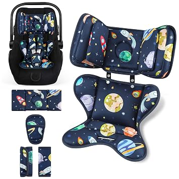 Infant Car Seat Insert with 2 Headrests for Doona|Graco, Thickened Baby Car Seat Cushion for Newborn, Car Seat Head Support Shoulder Covers Set Fits for Stroller, Baby Swing, Bouncer Blue, Space