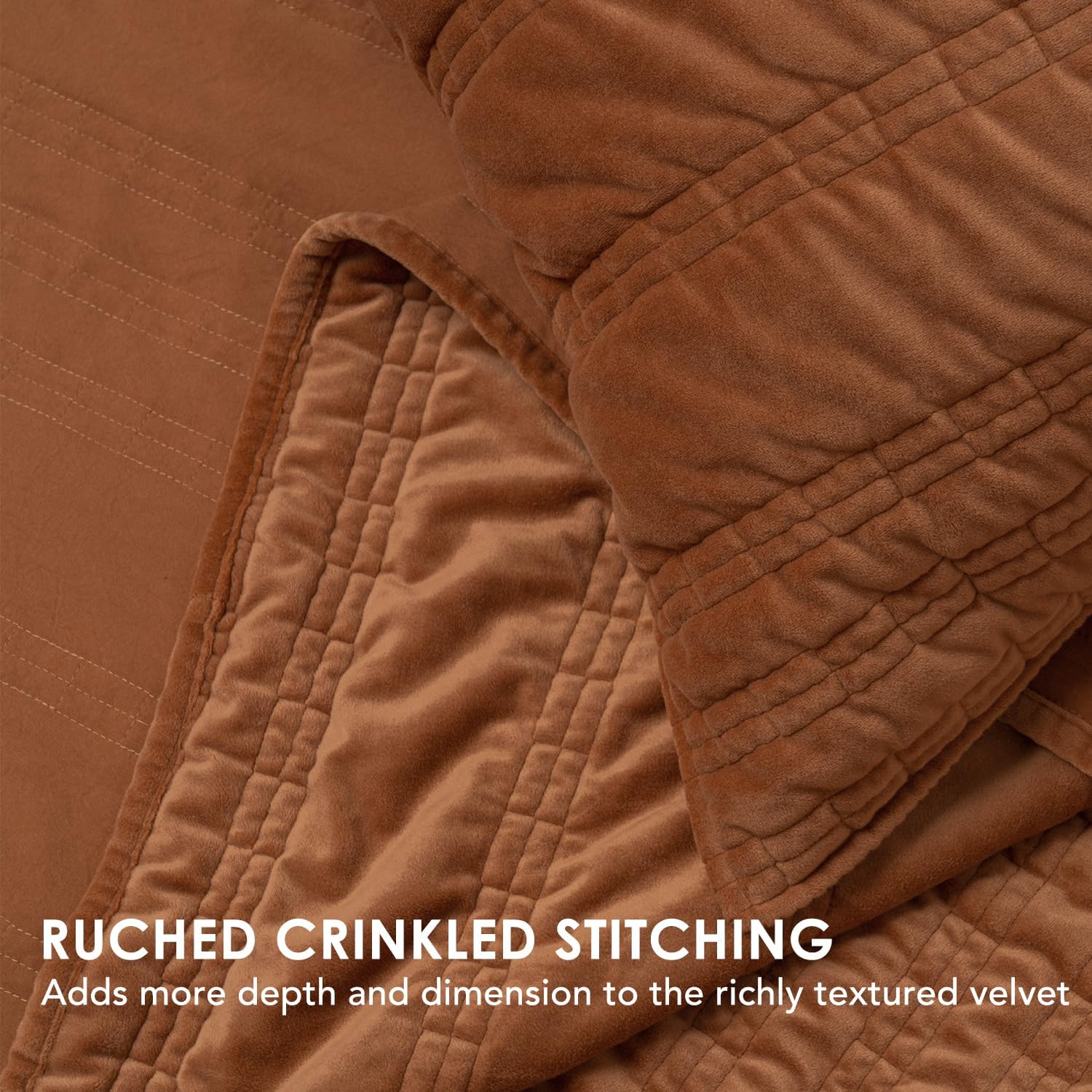 EVERGRACE Velvet Quilt Queen Size, Luxury Velvet Bedding Set, Ultra Soft Ruched Quilt Sets, Lightweight Comforter Vintage Textured Bedspread Coverlet with 2 Shams for All Season, Burnt Orange - Image 5