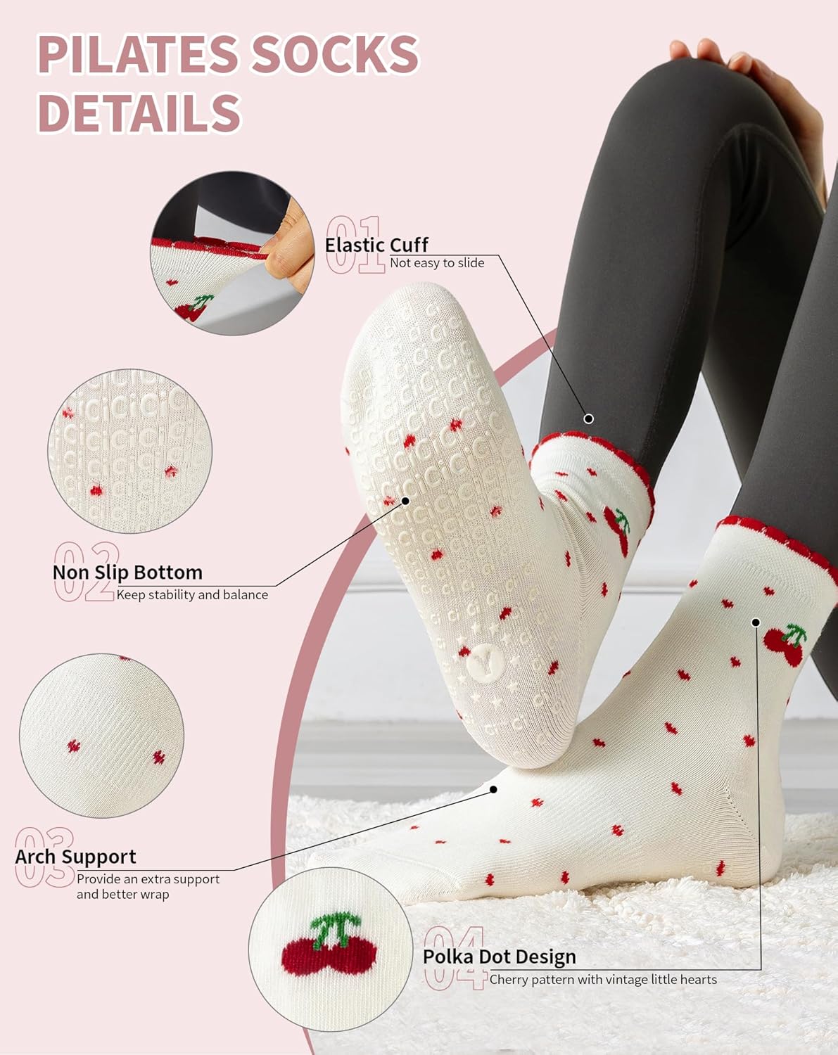 Yawlsow Cute Pilates Grip Socks for Women Ruffle Frilly Yoga Socks Non Slip Cotton Crew Grippy Sock for Barre Workout - Image 5