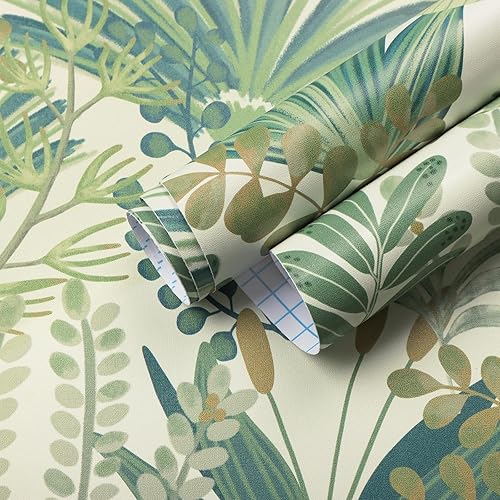 Vista 94 de Ismoon Papel tapiz verde para despegar y pegar, diseño bohemio floral y hojas en papel adhesivo grueso, papel adhesivo botánico oscuro, extraíble