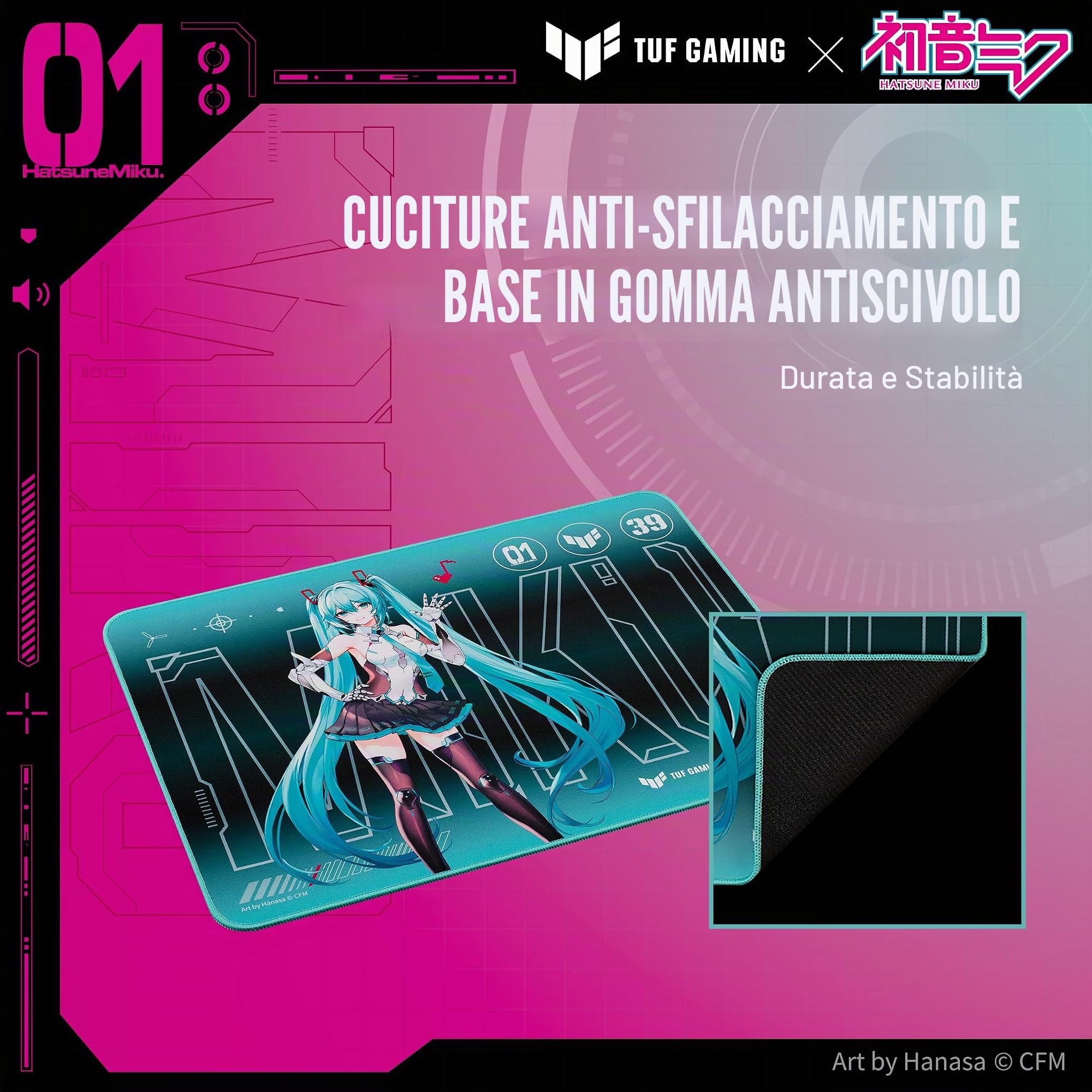 ASUS TUF Gaming P1 Hatsune Miku Edition Tappetino per mouse portatile da gaming, 25,4 x 20,3 cm (medio), rivestimento protettivo, impermeabile, cuciture resistenti agli UV, base in gomma antiscivolo