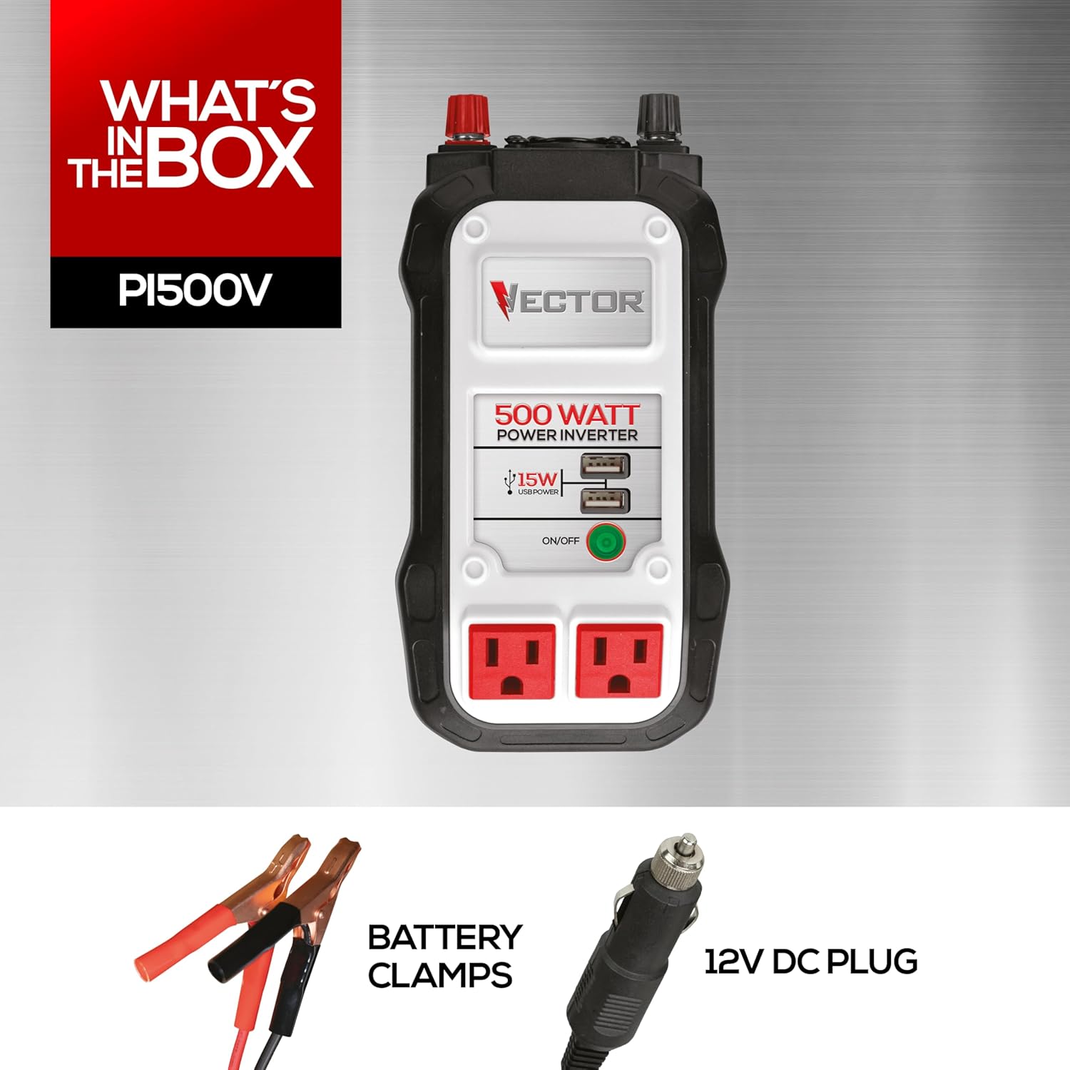 The VECTOR PI500V Power Inverter connected to a vehicle's 12V DC accessory outlet, charging a tablet.