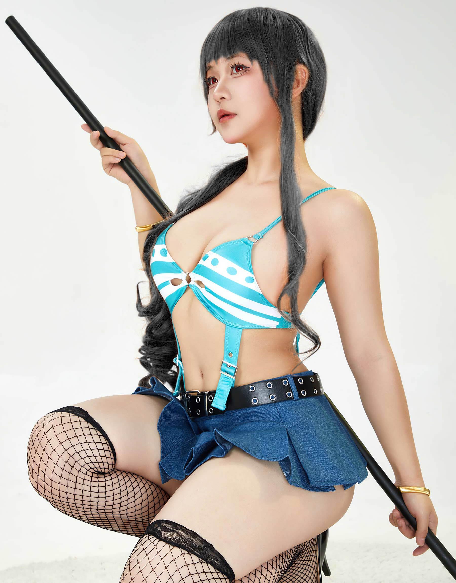 Mobbunny Women Anime Cosplay Bikini Style Lingerie High Cut Out Bodysuit and Mini Skirt Set with Belt Stockings: 1XL2XL Blue