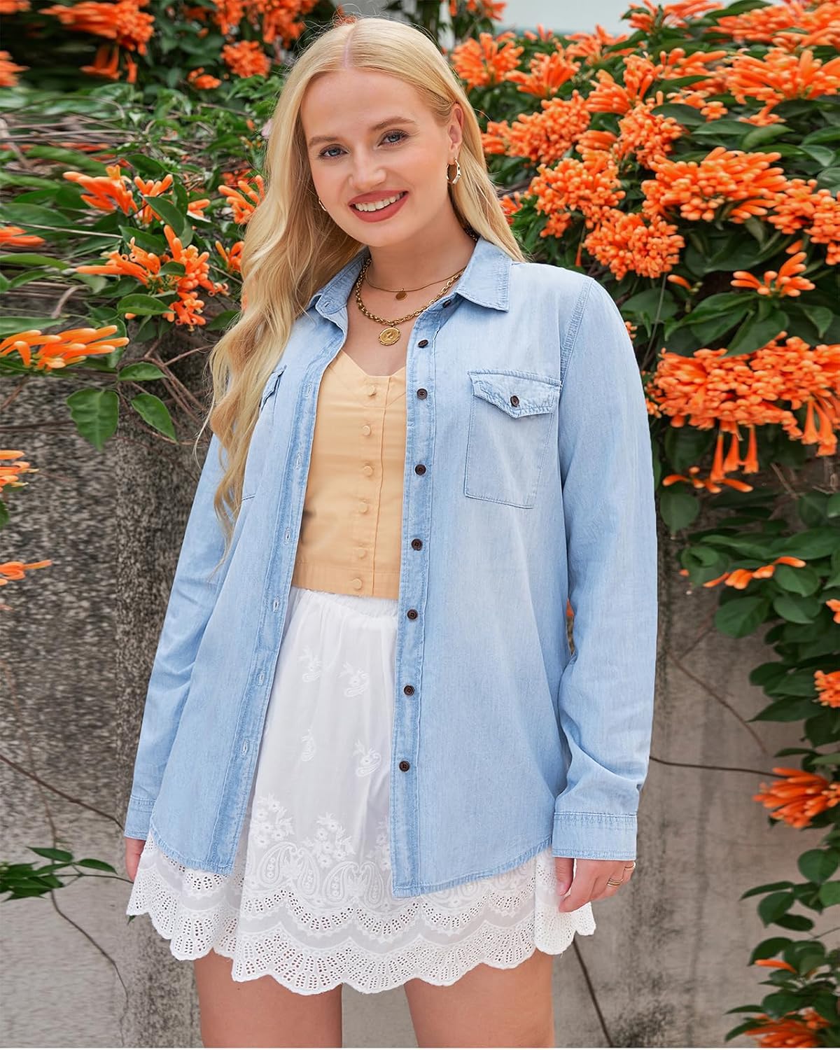 Vetinee Women's Button Down Denim Shirt Collared Casual Long Sleeve Pocket Tops - Image 9