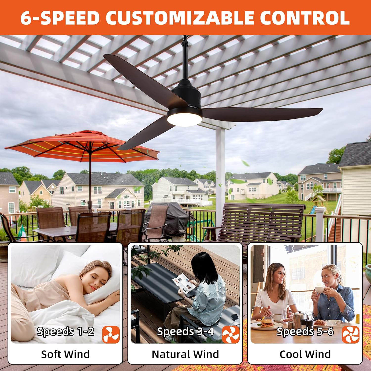 Outdoor Ceiling Fan with Light,52 Inch Walnut Waterproof Outdoor Patio Fan with Remote Control, Reversible Quiet DC Motor, 3-Color Dimmable LED for Gazebo, Porch