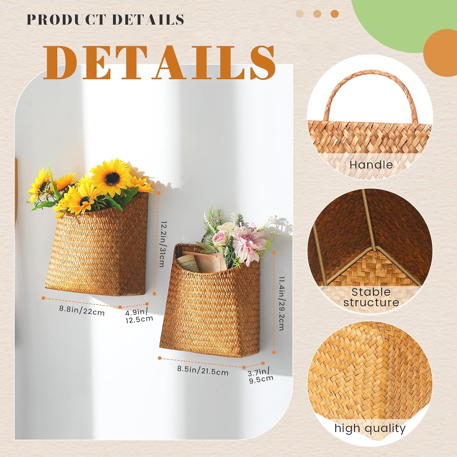 Boao 2 Pack Hanging Basket for Front Door Seagrass Wall Basket Hand Woven Different Sizes to Hold Flowers and Mail Wall Mounted Racks Storage Organize for Home Garden Farmhouse (Natural Color)