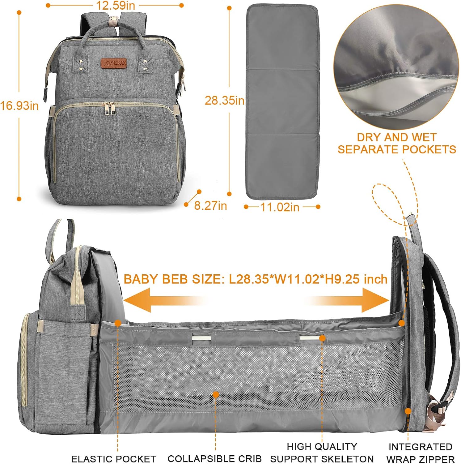 borsa per pannolini JOSEKO Zaino multifunzionale per la mamma lettino da  viaggio pieghevole per bambini grande capacità #nero zanzariera Cambio del  pannolino urban-earth.co.uk