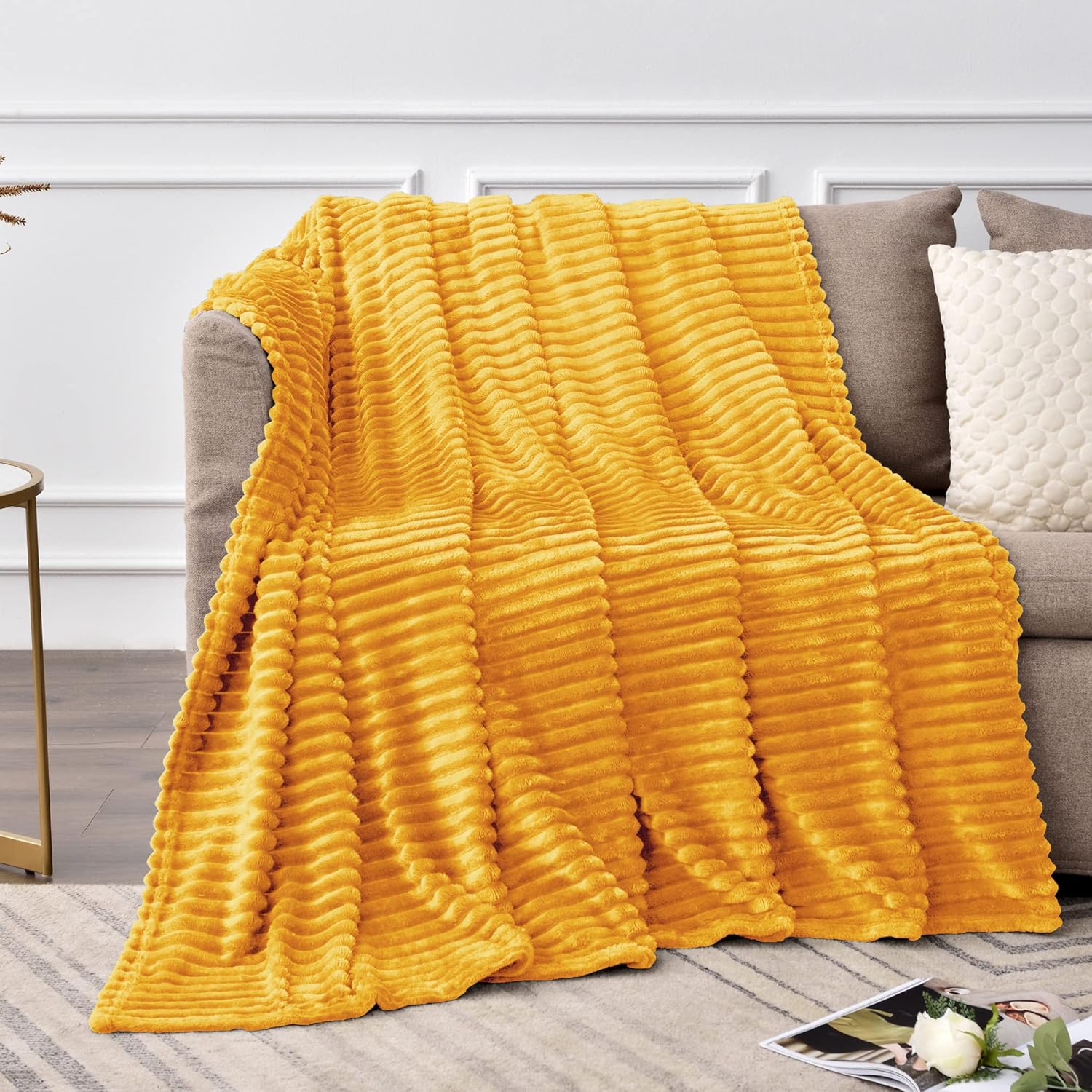 BEDELITE Fleece Blanket Queen Size – 3D Ribbed Jacquard Soft and Warm Decorative Fuzzy Blankets – Cozy, Fluffy, Plush Lightweight Throw Blankets for Couch, Bed, Sofa(Mustard Yellow, 90x90 inches) - Image 8