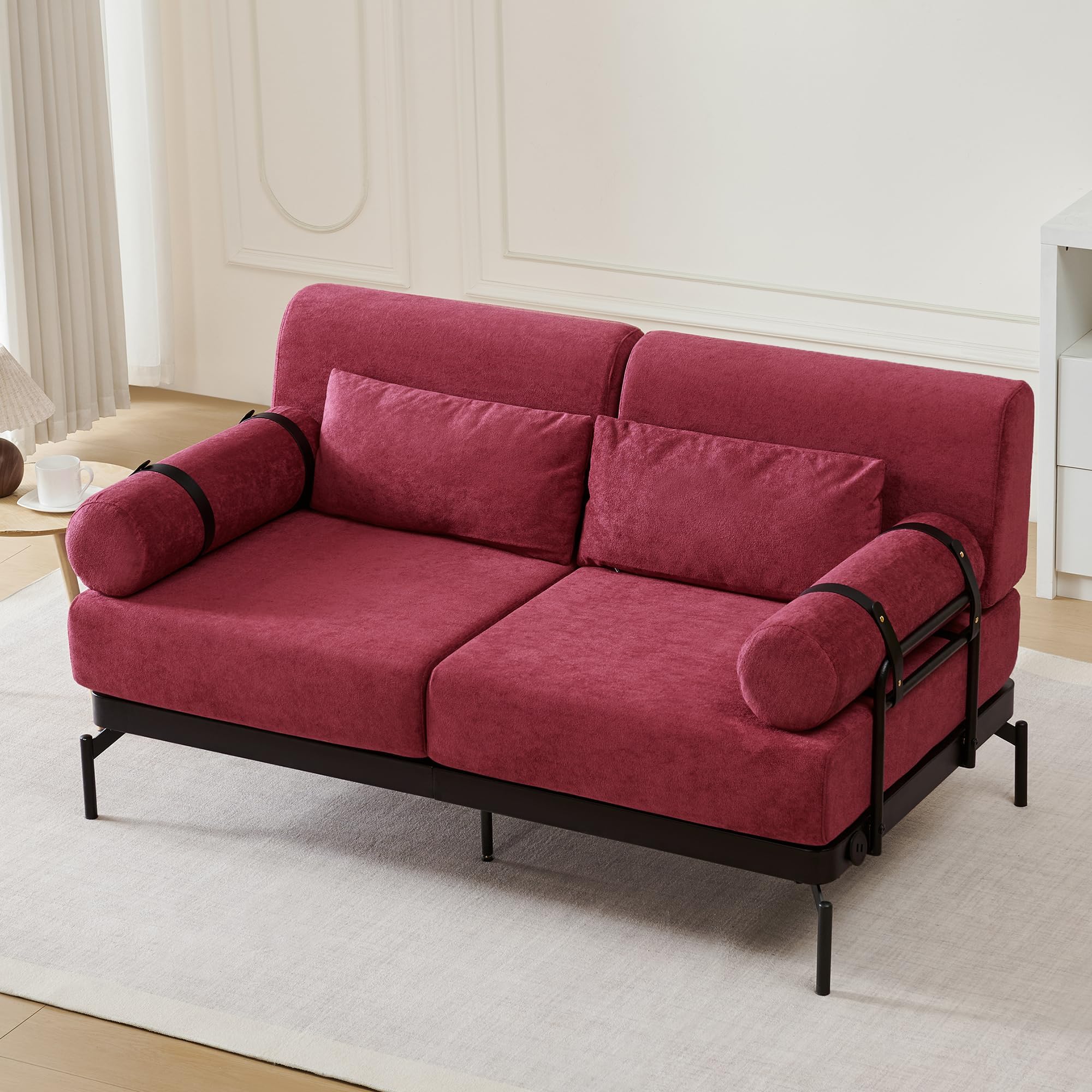 Modern Loveseat Sofa 59" Sofa Couch 2-Seater Sofa with Flexible USB Ports, Unique Cylindrical Armrests for Living Room, Red