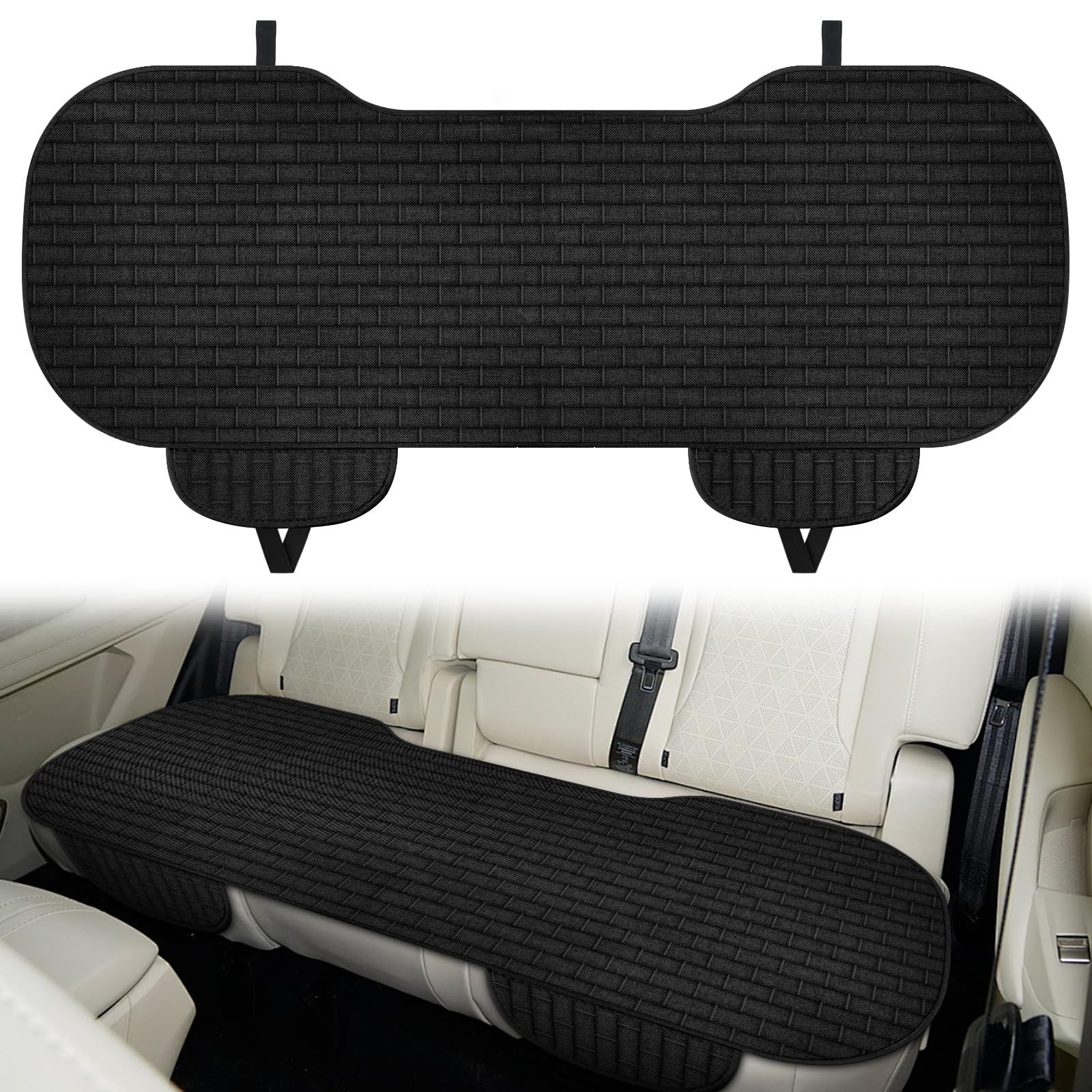 Vagcars Black Rear Car Seat Cover,Anti-Slip & Wear-Resist Car Seat Bottom Cushion,Comfortable & Breathable Linen Seats Protector With Storage Pockets,Universal Auto Seats Pad For Suvs,Cars,Pickups,Vans (Black)