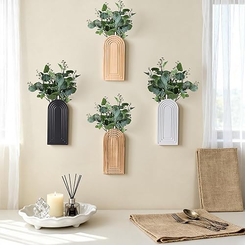 Miniatura 8 de DREAMLOOM Paquete de 2 jarrones de pared de madera con plantas falsas, macetas para colgar en la pared, estilo bohemio y moderno para interiores