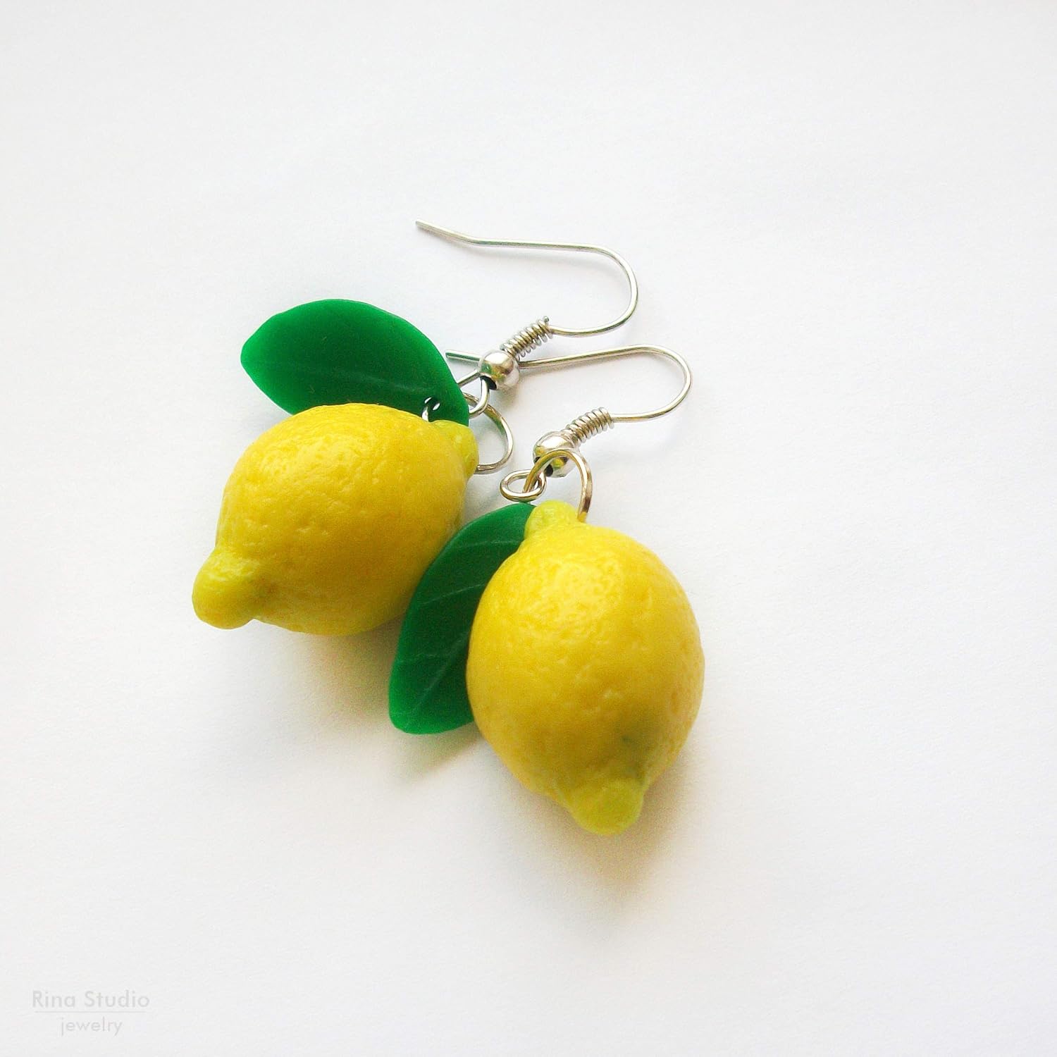 Lemon Earrings Fruit Bright Yellow Green Citrus Summer Jewelry Stainless Steel (M size 1.8 inch long)