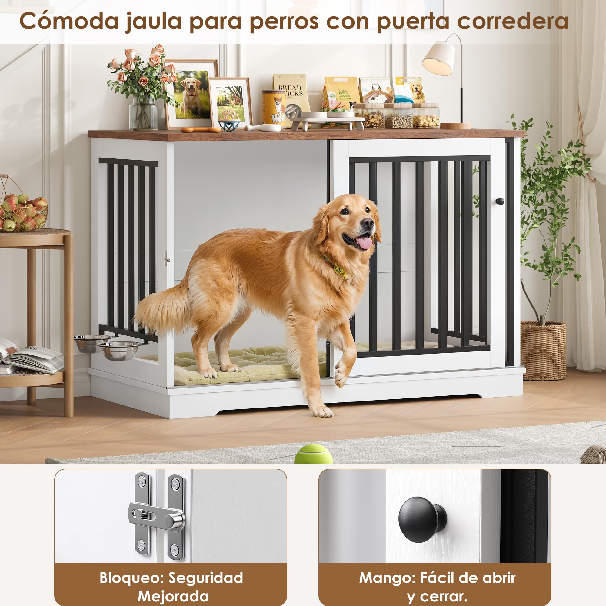 FirFurd 120cm Jaula para Perros,Mesa Auxiliar con Puerta corredera, Jaula Perro Grande para Casa de Madera,para Animales Acero para Perros Medianos y Grandes 120 x 90 x 60 cm (Blanco+Marrón)