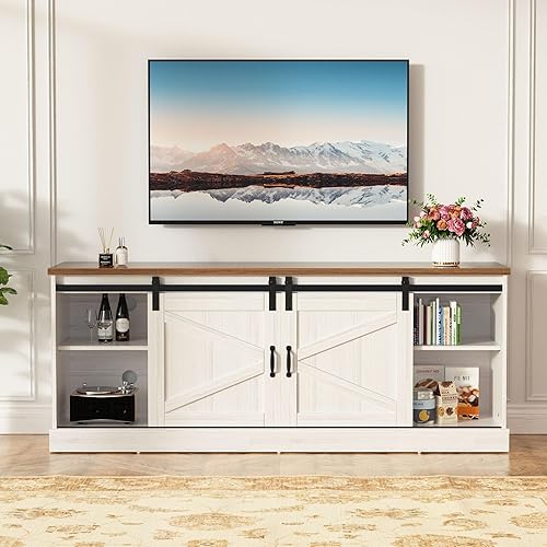 Miniatura 8 de Trumbeak Soporte de TV para TV de 70 y 75 pulgadas, centro de entretenimiento de 67 pulgadas con armarios de almacenamiento y puerta corredera,