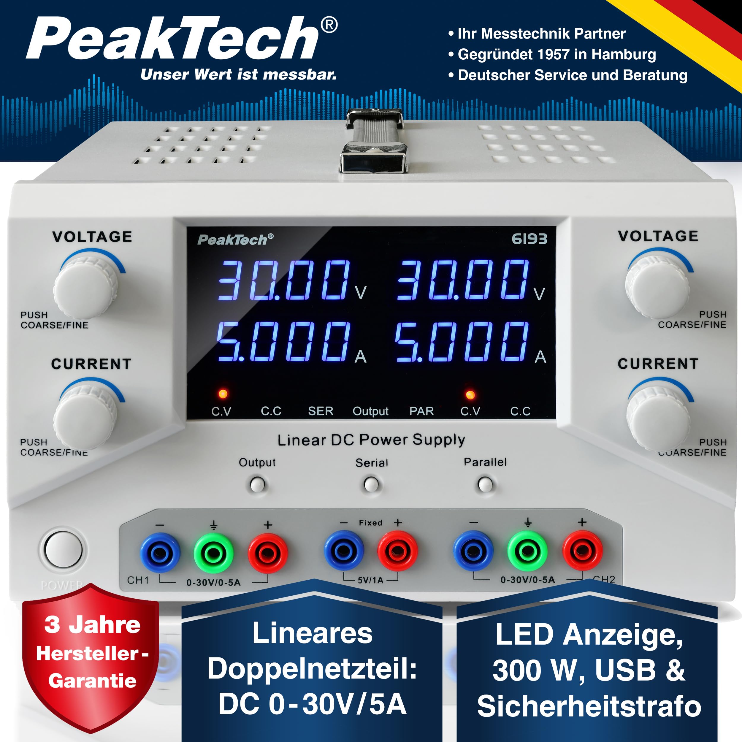 PeakTech 6193-2CH Labornetzteil DC 0-30V 0-5A 300W Labornetzgerät USB