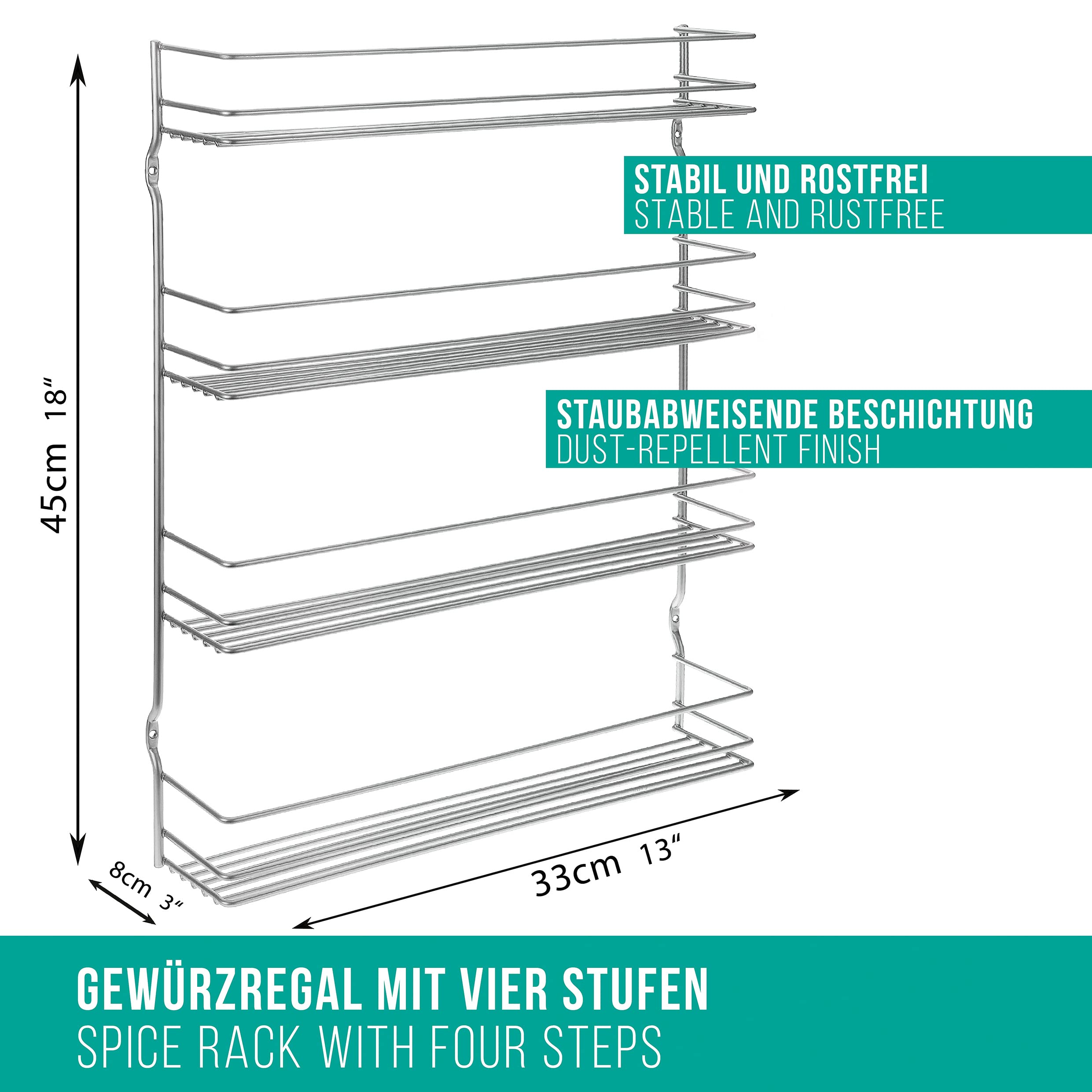 AufuN Gewürzregal Mit 4 Etagen – Schwarzes Metallregal, 45° Geneigt, Für Gewürzflaschen, Öl & Küchenutensilien