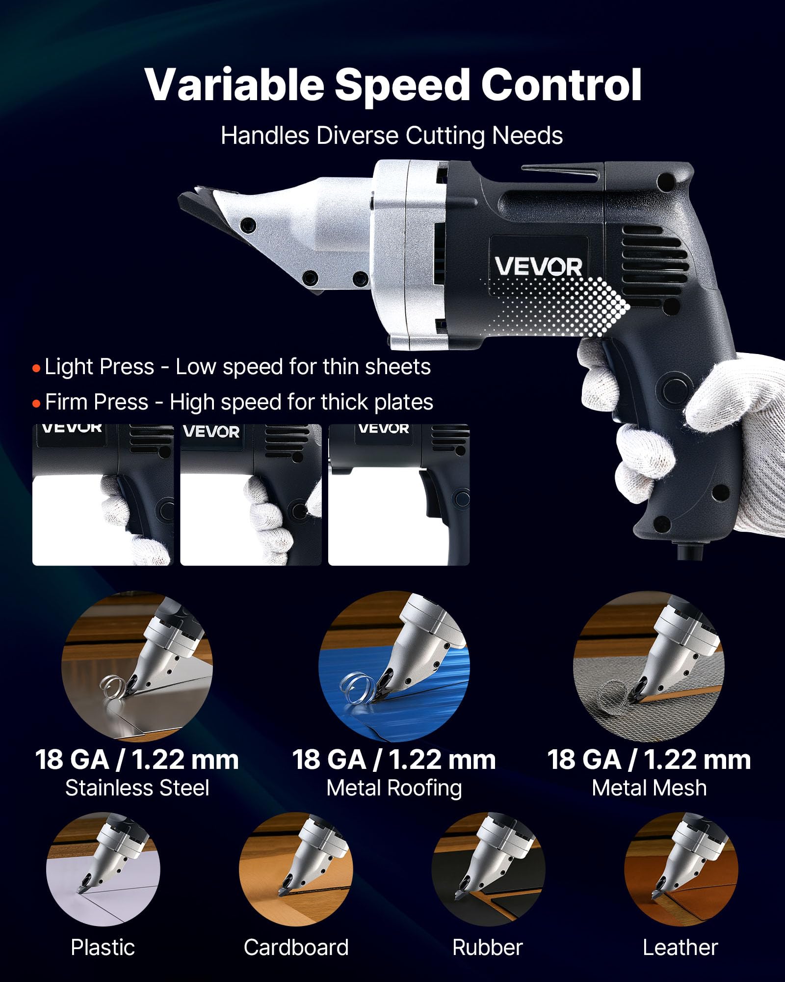 VEVOR Cesoia Elettrica per Metallo, Taglierina per Lamiera con Cavo da 4,0 A con Testa Girevole, Velocità Variabile, Taglio Continuo, per Acciaio Zincato 1,22 mm, Acciaio Inox 1 mm, 2500 giri/min