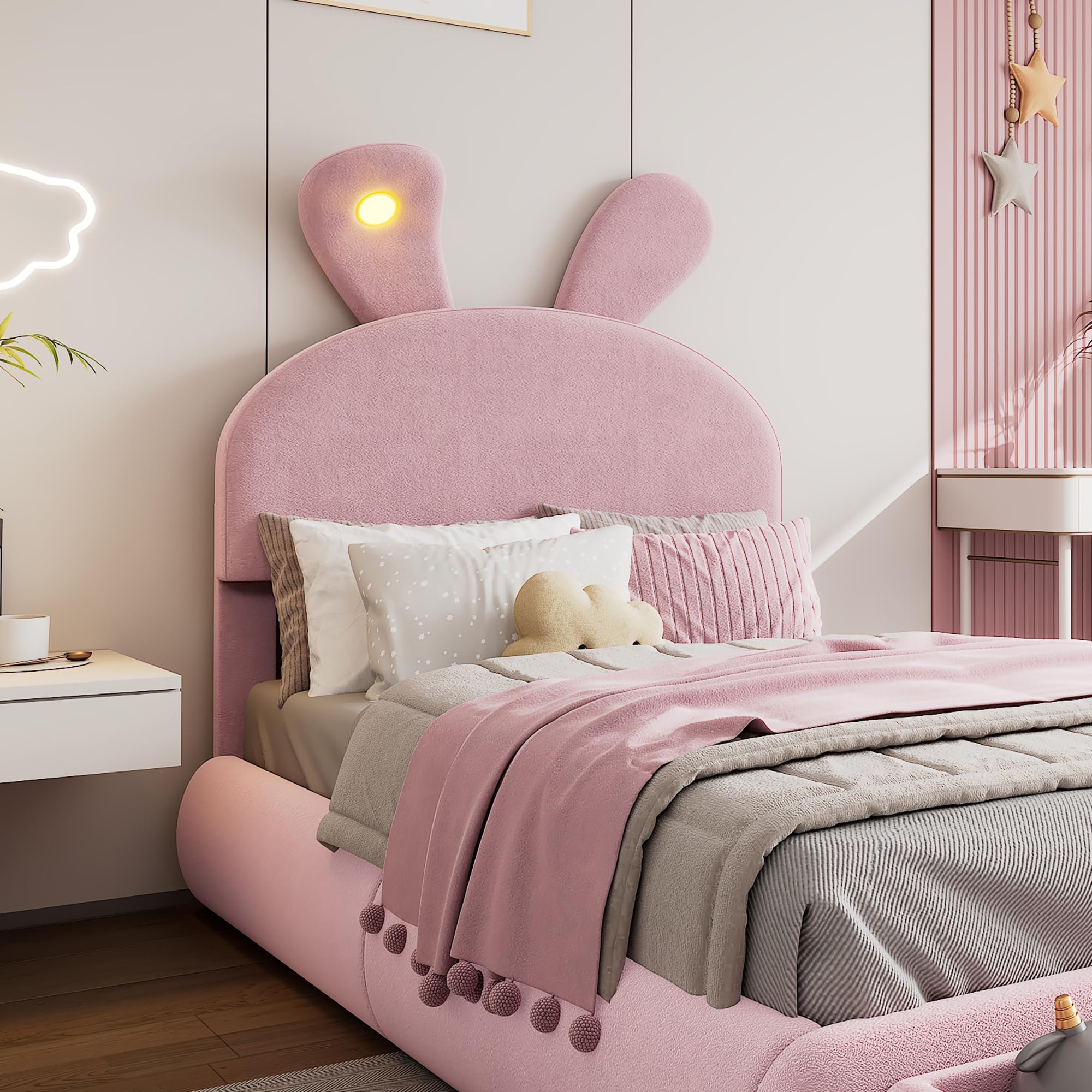 Letto Matrimoniale con Contenitore 140x200 con LED e 2 Sgabelli Contenitore, Letto Una Piazza e Mezza con Testiera e Vano Portaoggetti, Bambini con Rete a Doghe Struttura in Velluto, Rosa