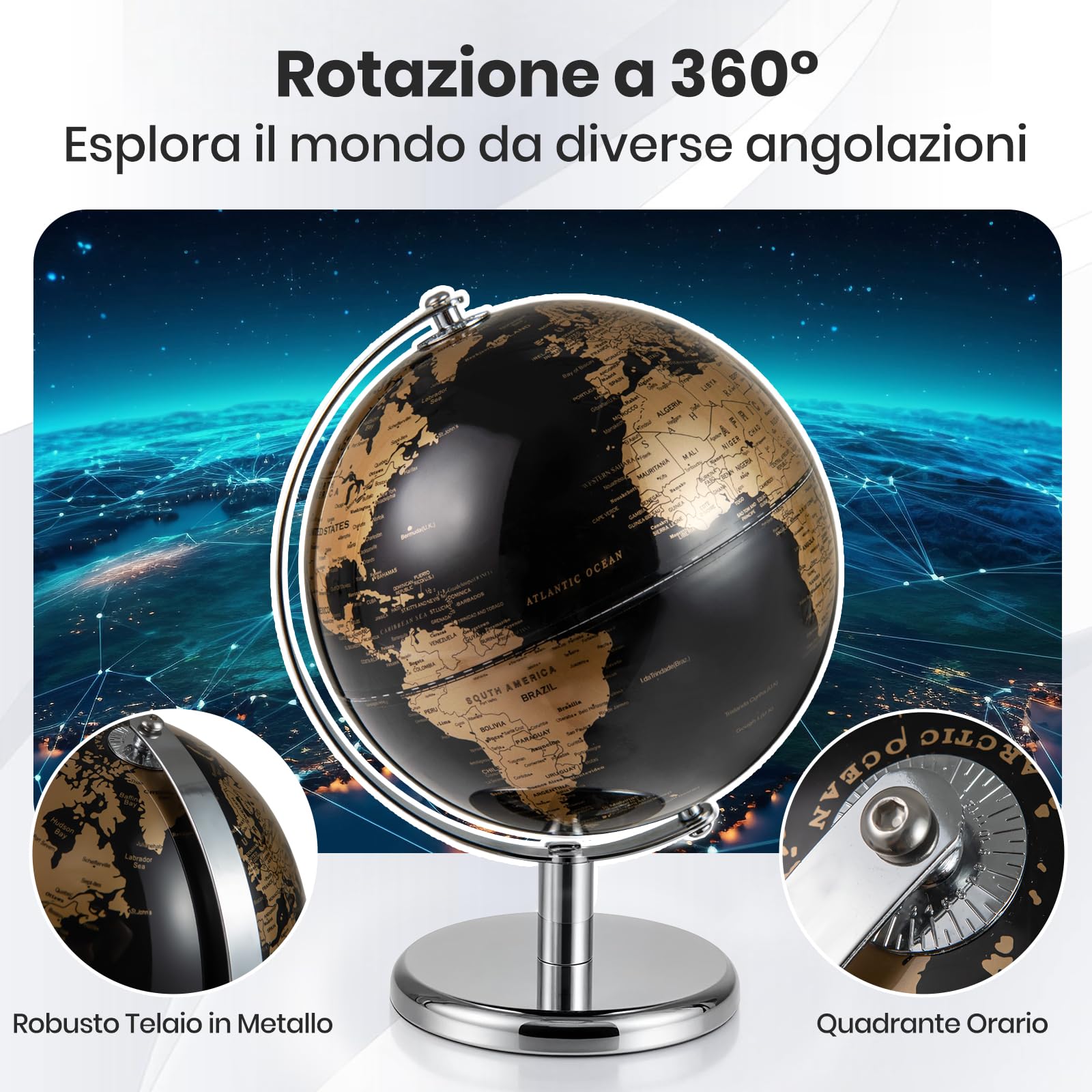 COSTWAY Mappamondo con Base, Mappamondo Accurato in l’Inglese (Dorato) | Base in Metallo, Globo Educativo 21 cm, Decorazione Moderna per Scrivania, Casa, Ufficio, Scuola